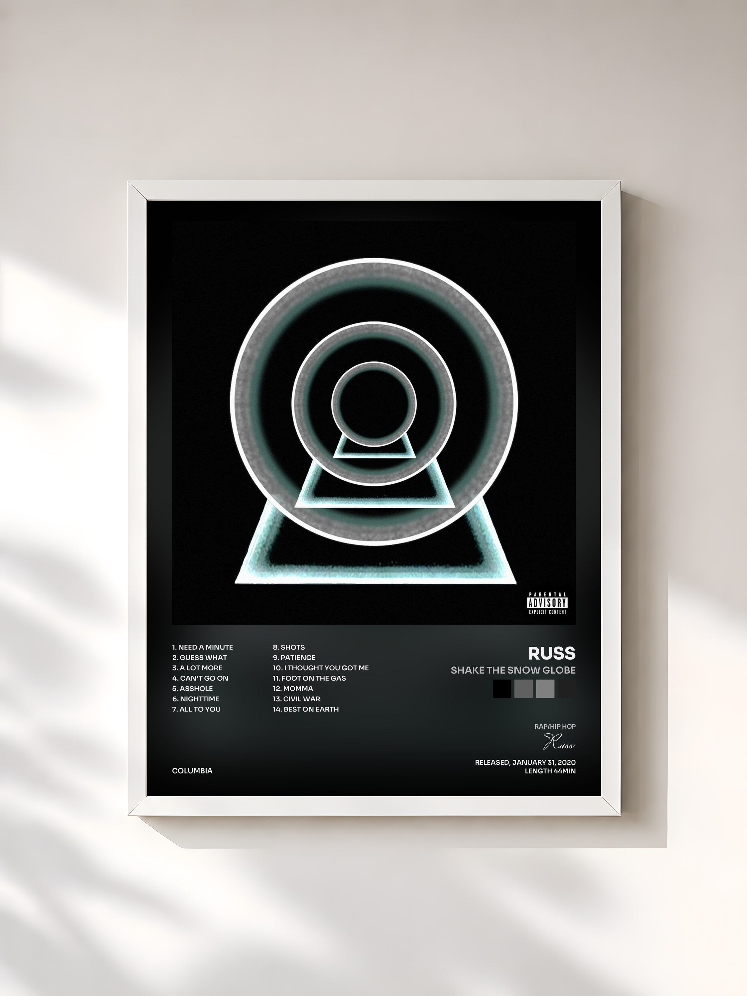 #blanc Tableau de l'album SHAKE THE SNOW GLOBE de Russ, cadre blanc, imprimé et encadré en France