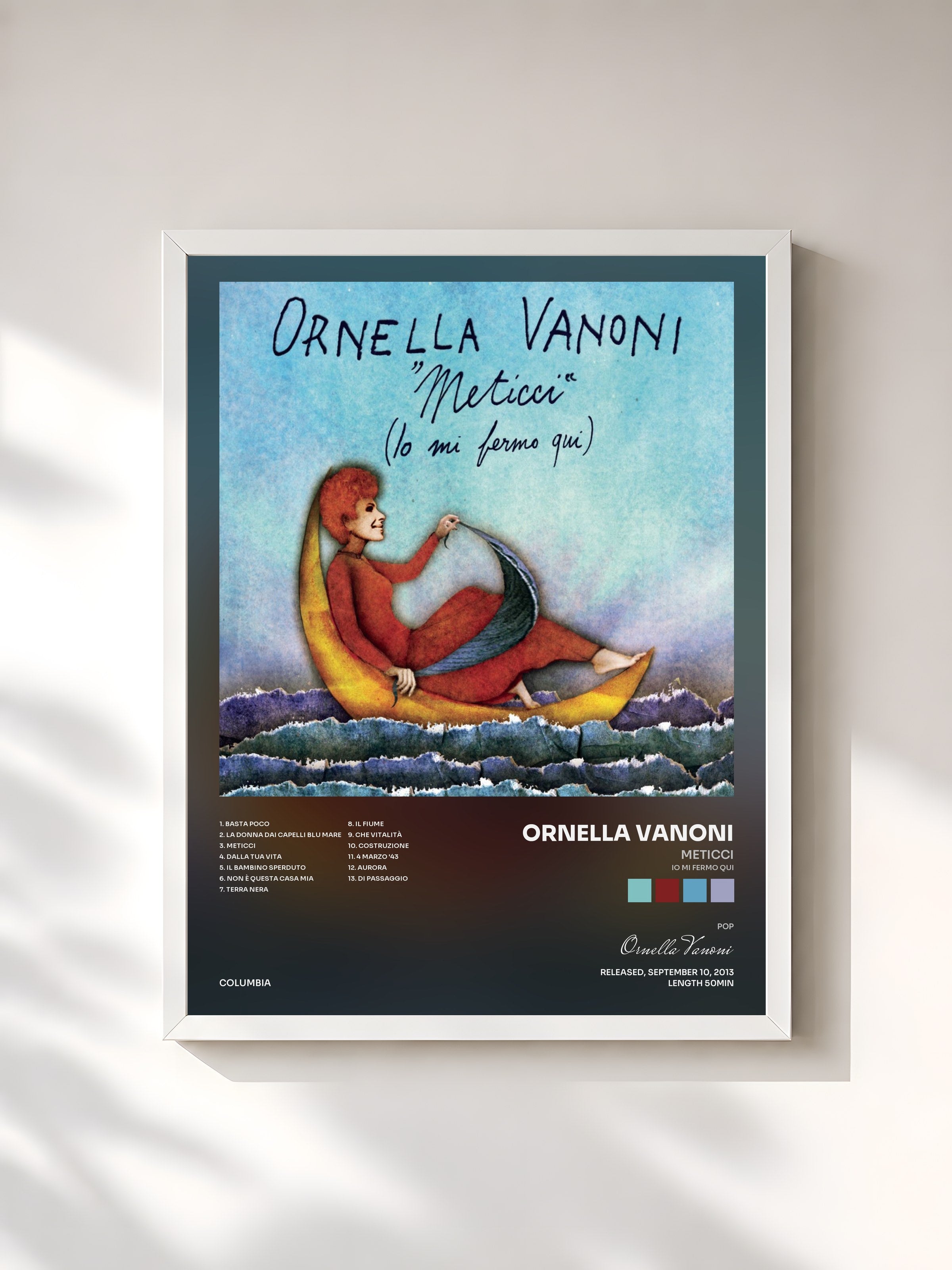 #blanc Tableau de l'album Meticci (Io mi fermo qui) de Ornella Vanoni, cadre blanc, imprimé et encadré en France