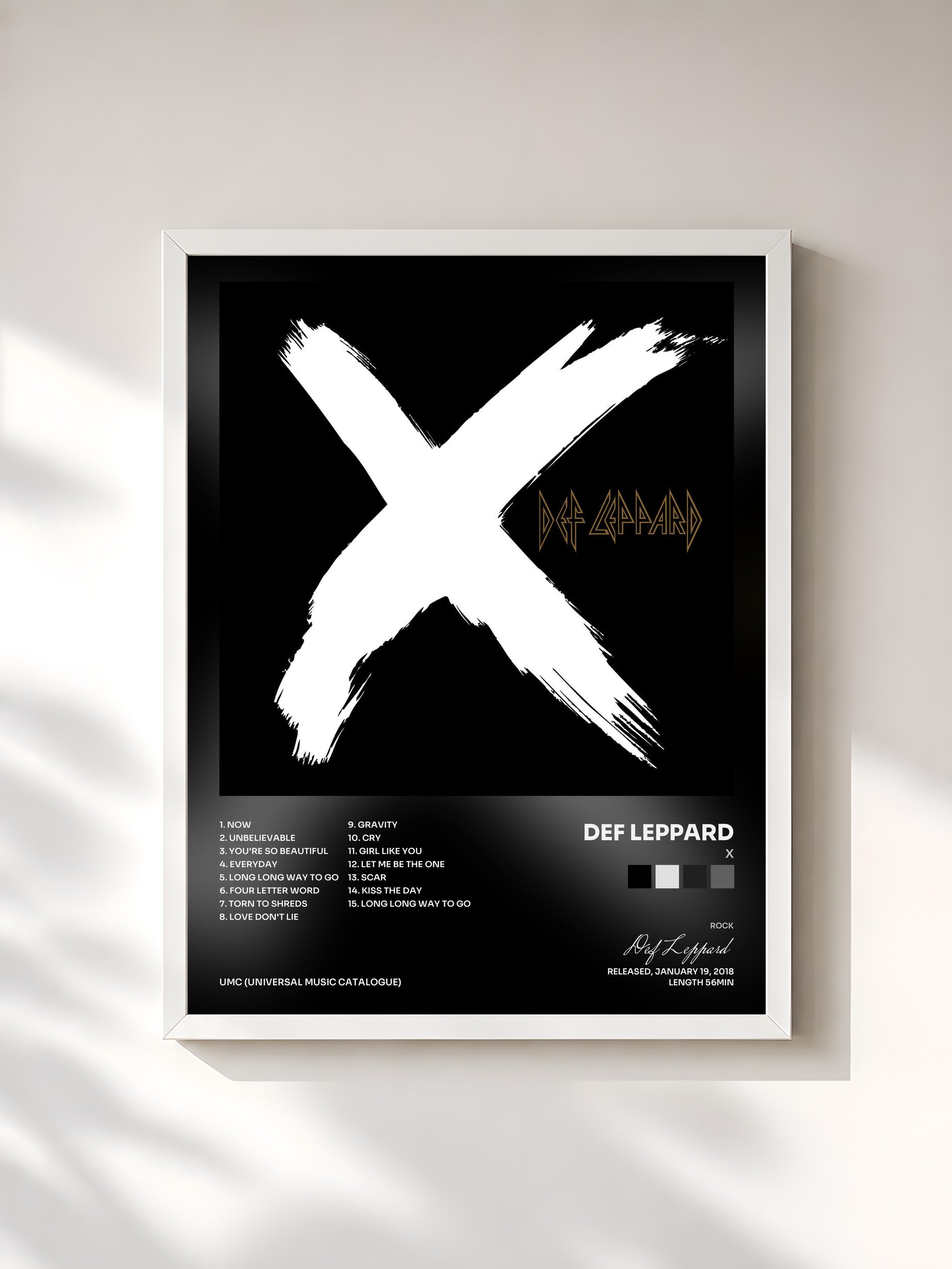 #blanc Tableau de l'album X de Def Leppard, cadre blanc, imprimé et encadré en France