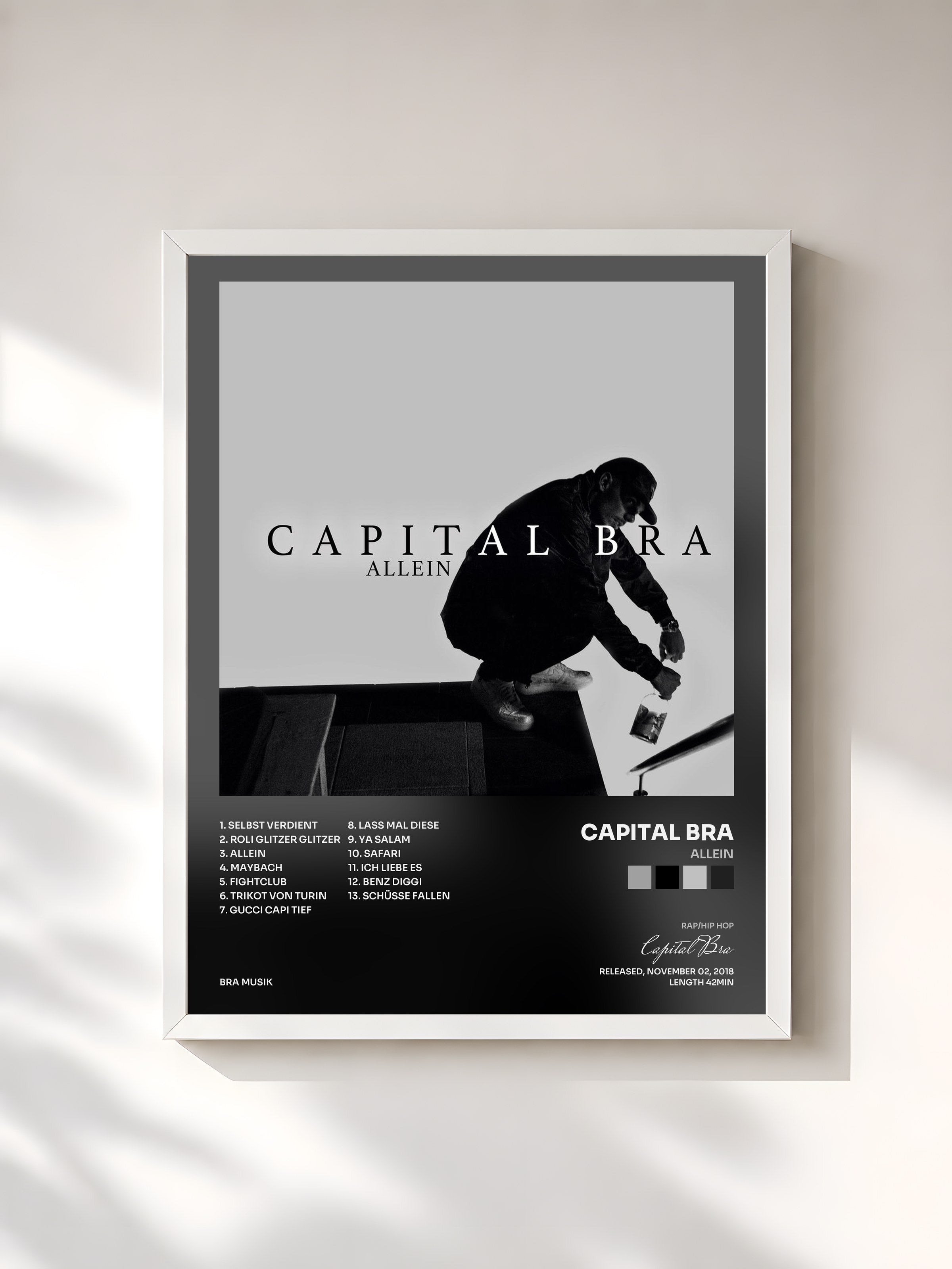 #blanc Tableau de l'album Allein de Capital Bra, cadre blanc, imprimé et encadré en France