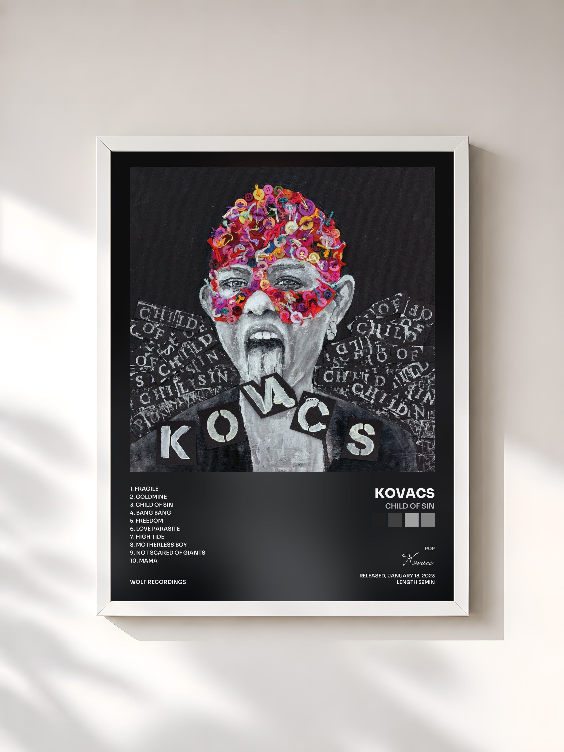 #blanc Tableau de l'album Child Of Sin de Kovacs, cadre blanc, imprimé et encadré en France