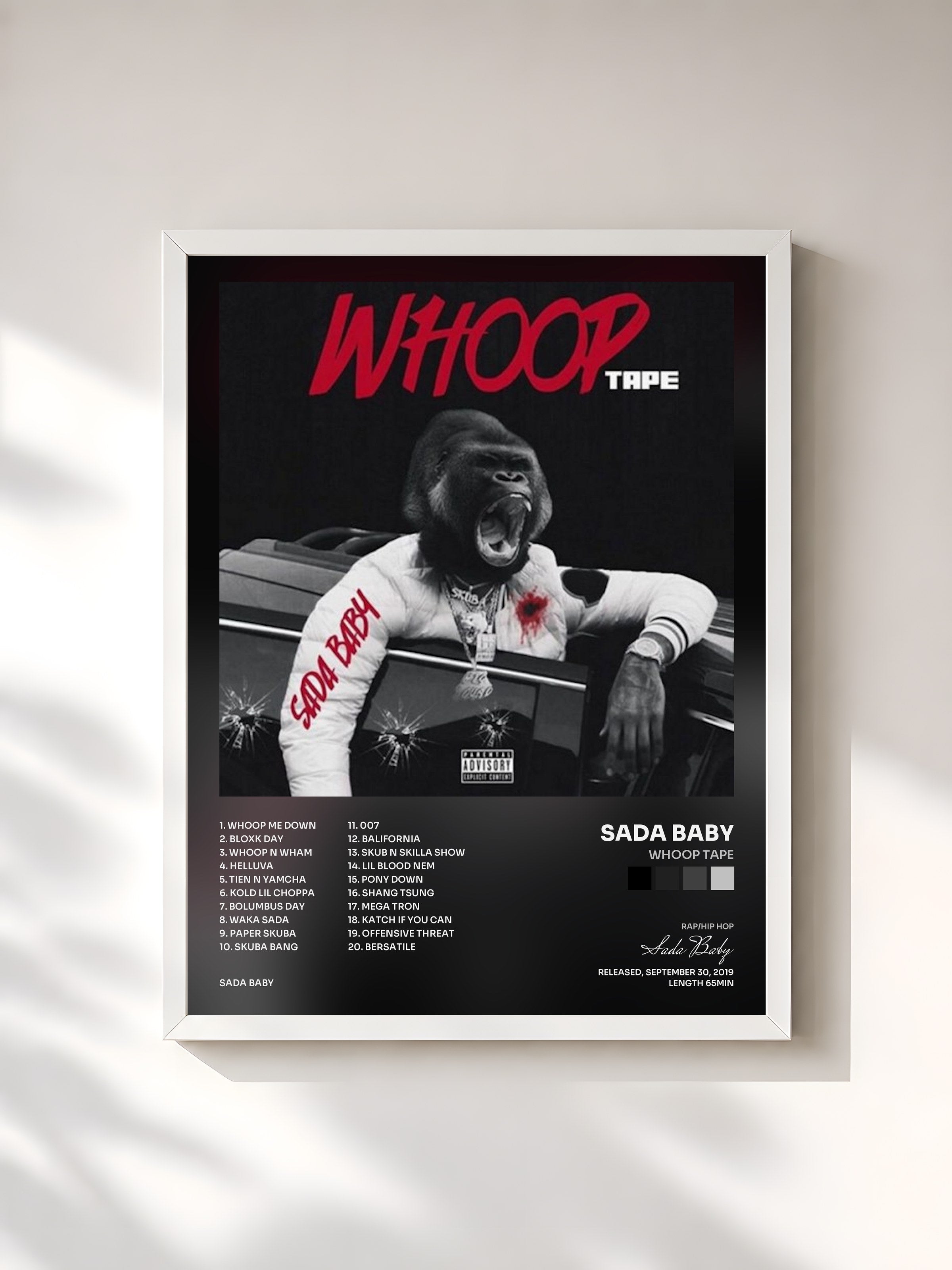 #blanc Tableau de l'album Whoop Tape de Sada Baby, cadre blanc, imprimé et encadré en France