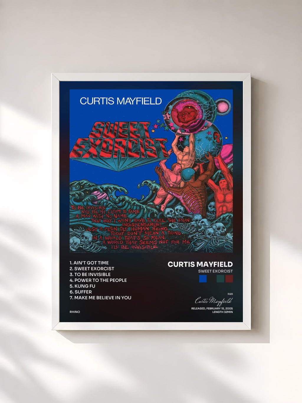 #blanc Sweet Exorcist di Curtis Mayfield in stampa incorniciata, cornice bianca, stampata e incorniciata in Francia