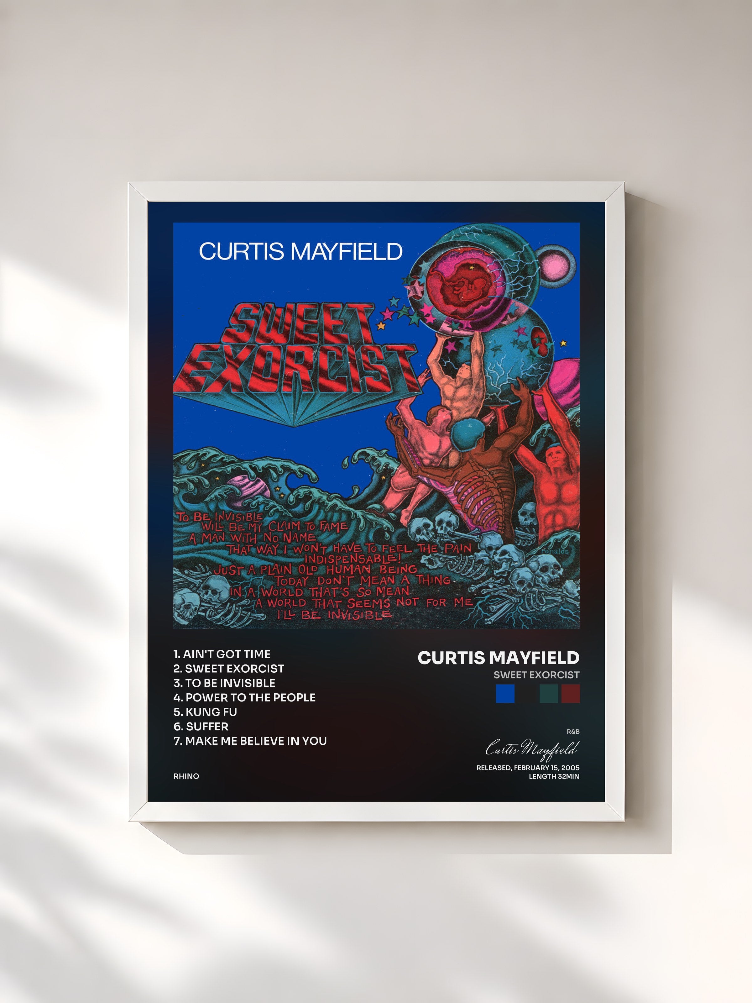 #blanc Tableau de l'album Sweet Exorcist de Curtis Mayfield, cadre blanc, imprimé et encadré en France