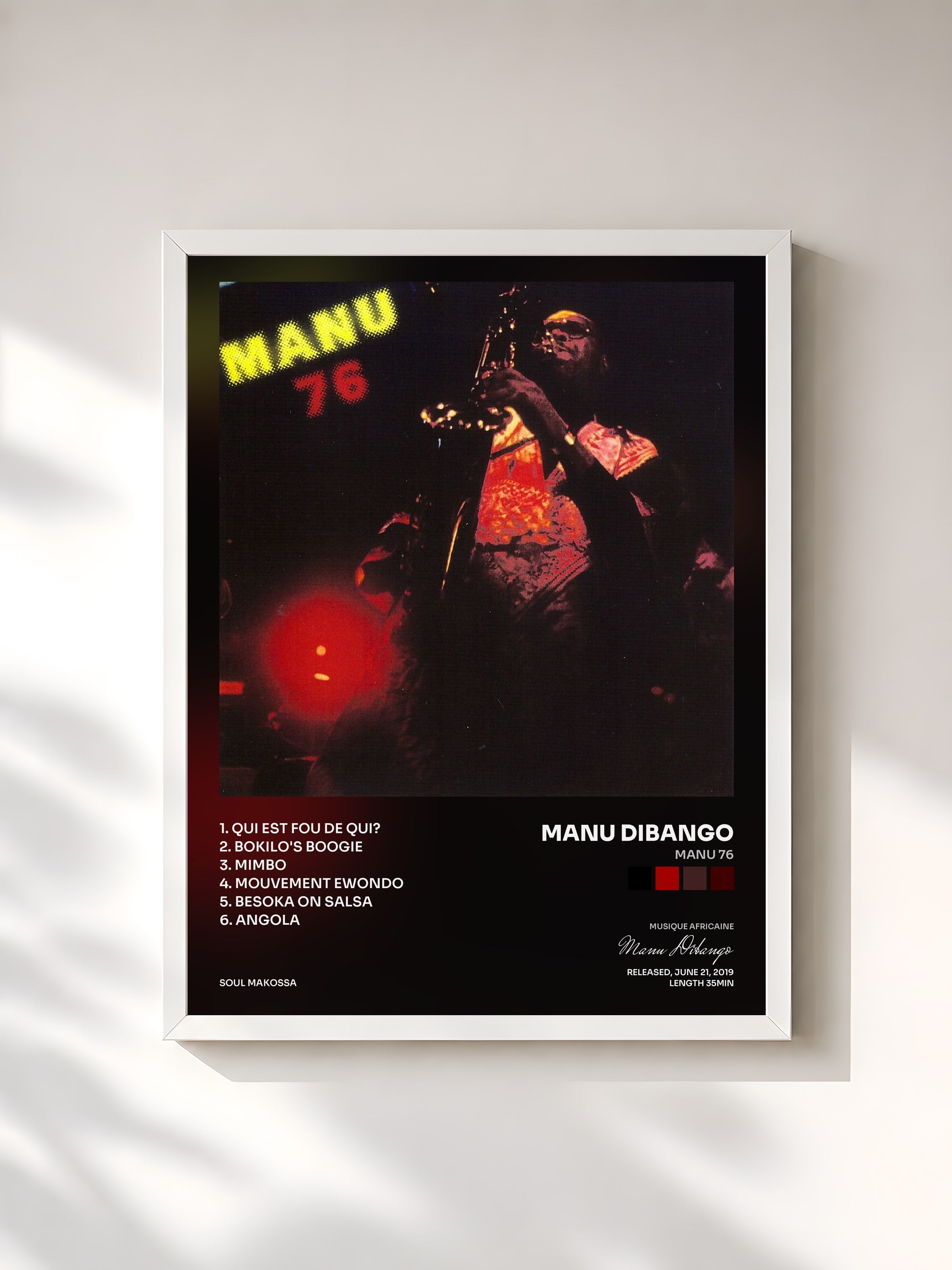 #blanc Tableau de l'album Manu 76 de Manu Dibango, cadre blanc, imprimé et encadré en France