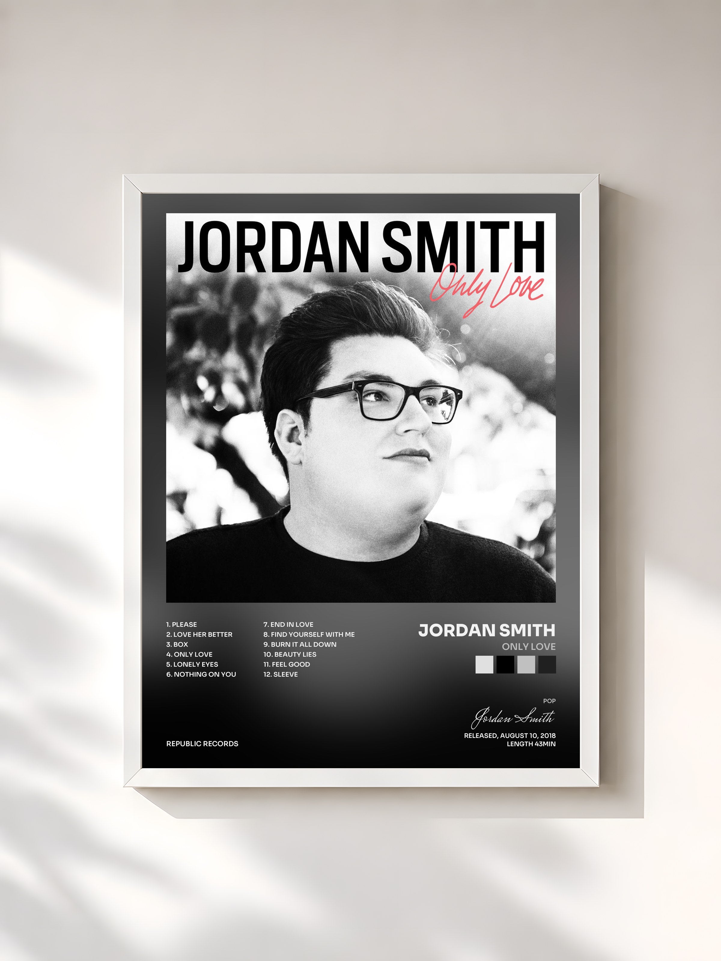 #blanc Tableau de l'album Only Love de Jordan Smith, cadre blanc, imprimé et encadré en France