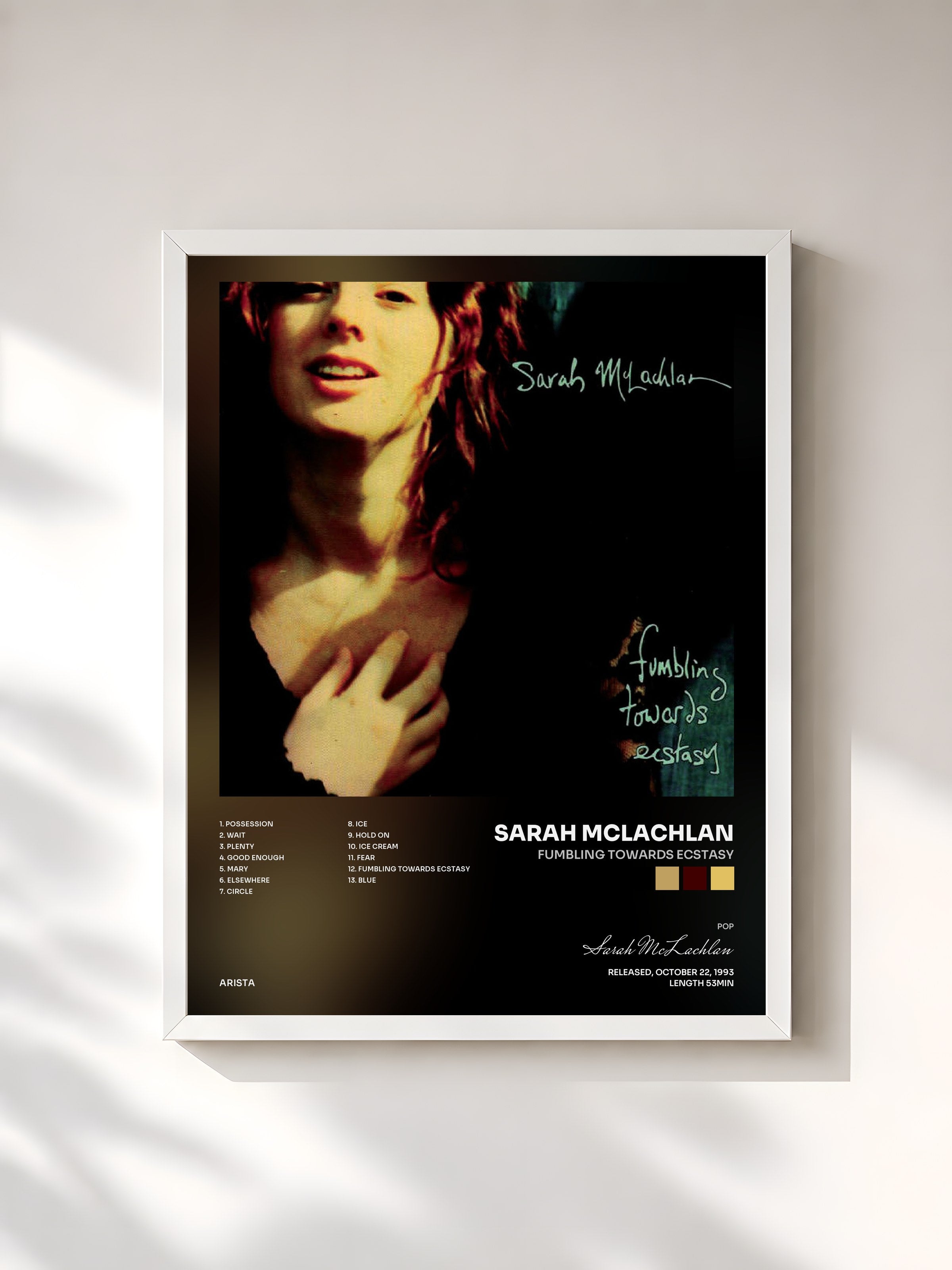 #blanc Tableau de l'album Fumbling Towards Ecstasy de Sarah McLachlan, cadre blanc, imprimé et encadré en France