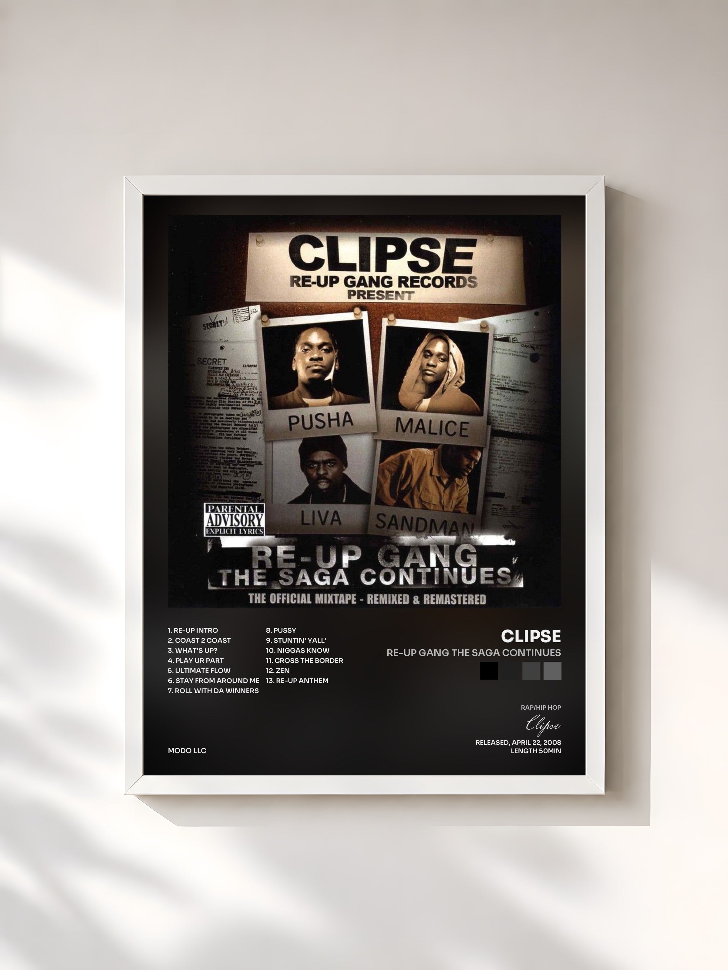 #blanc Tableau de l'album Re-Up Gang The Saga Continues de Clipse, cadre blanc, imprimé et encadré en France
