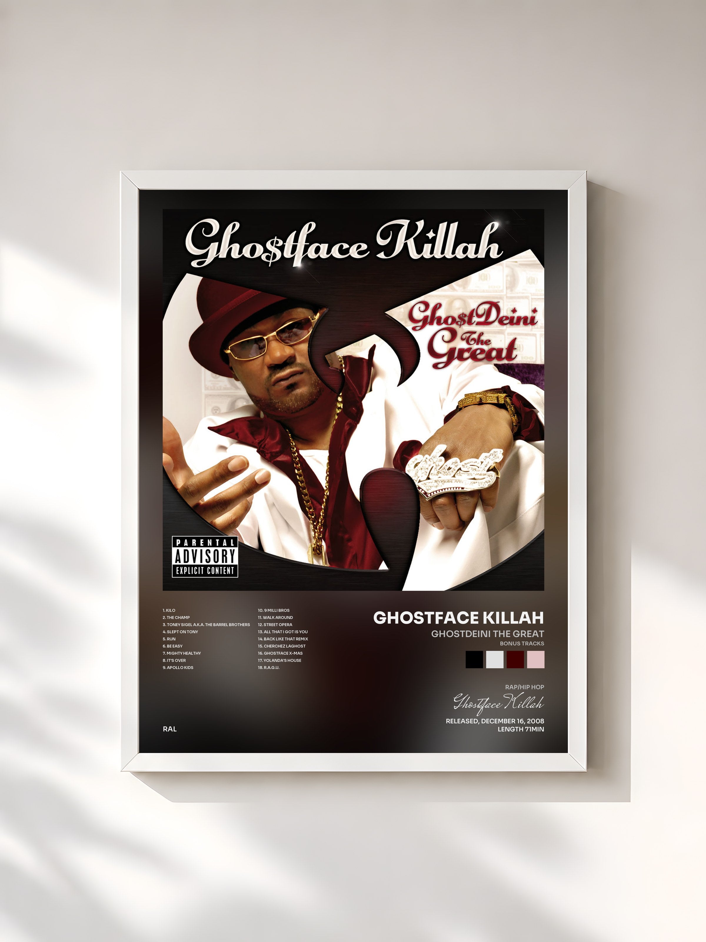 #blanc Tableau de l'album GhostDeini The Great (Bonus Tracks) de Ghostface Killah, cadre blanc, imprimé et encadré en France