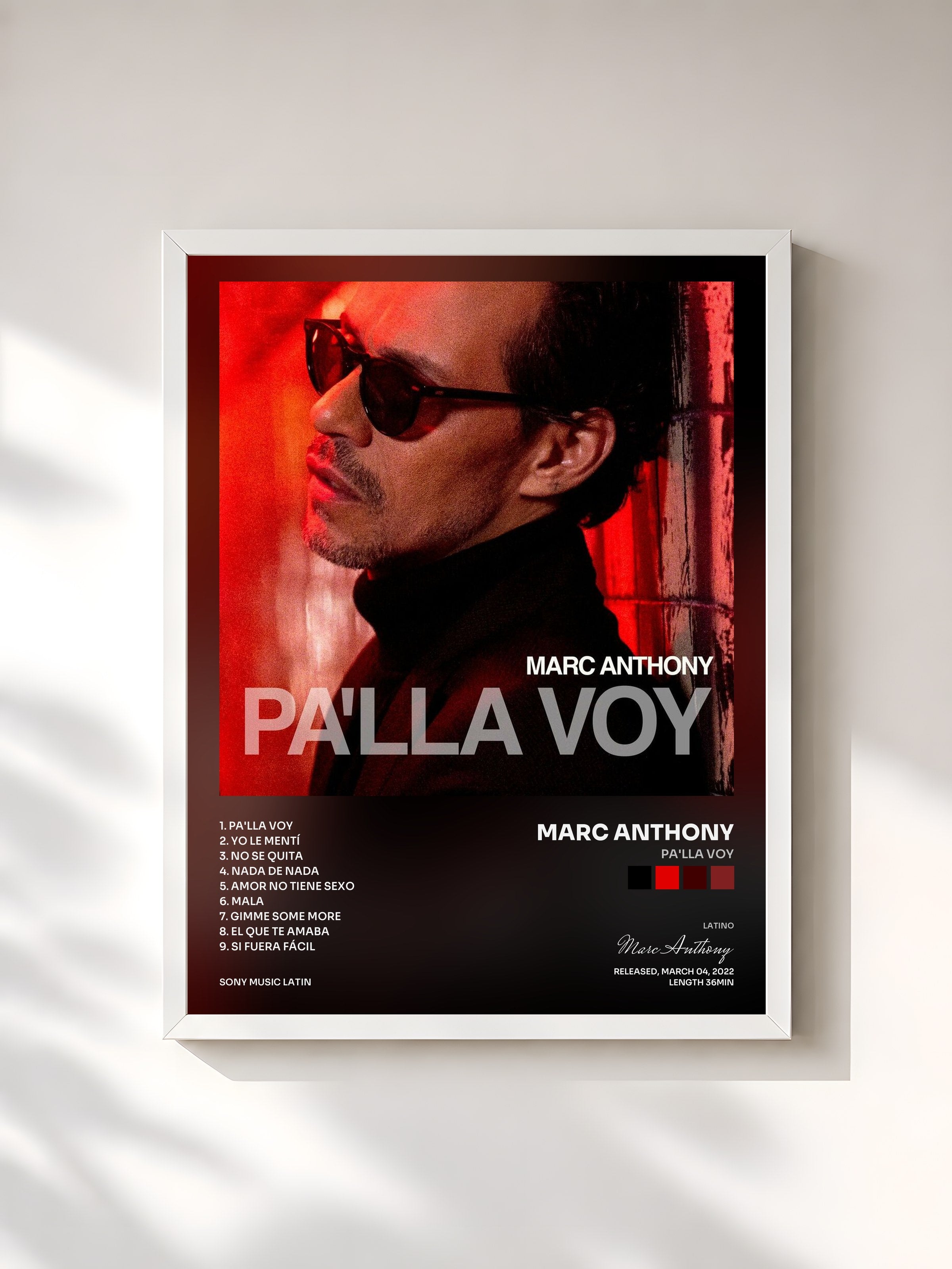 #blanc Tableau de l'album Pa'lla Voy de Marc Anthony, cadre blanc, imprimé et encadré en France