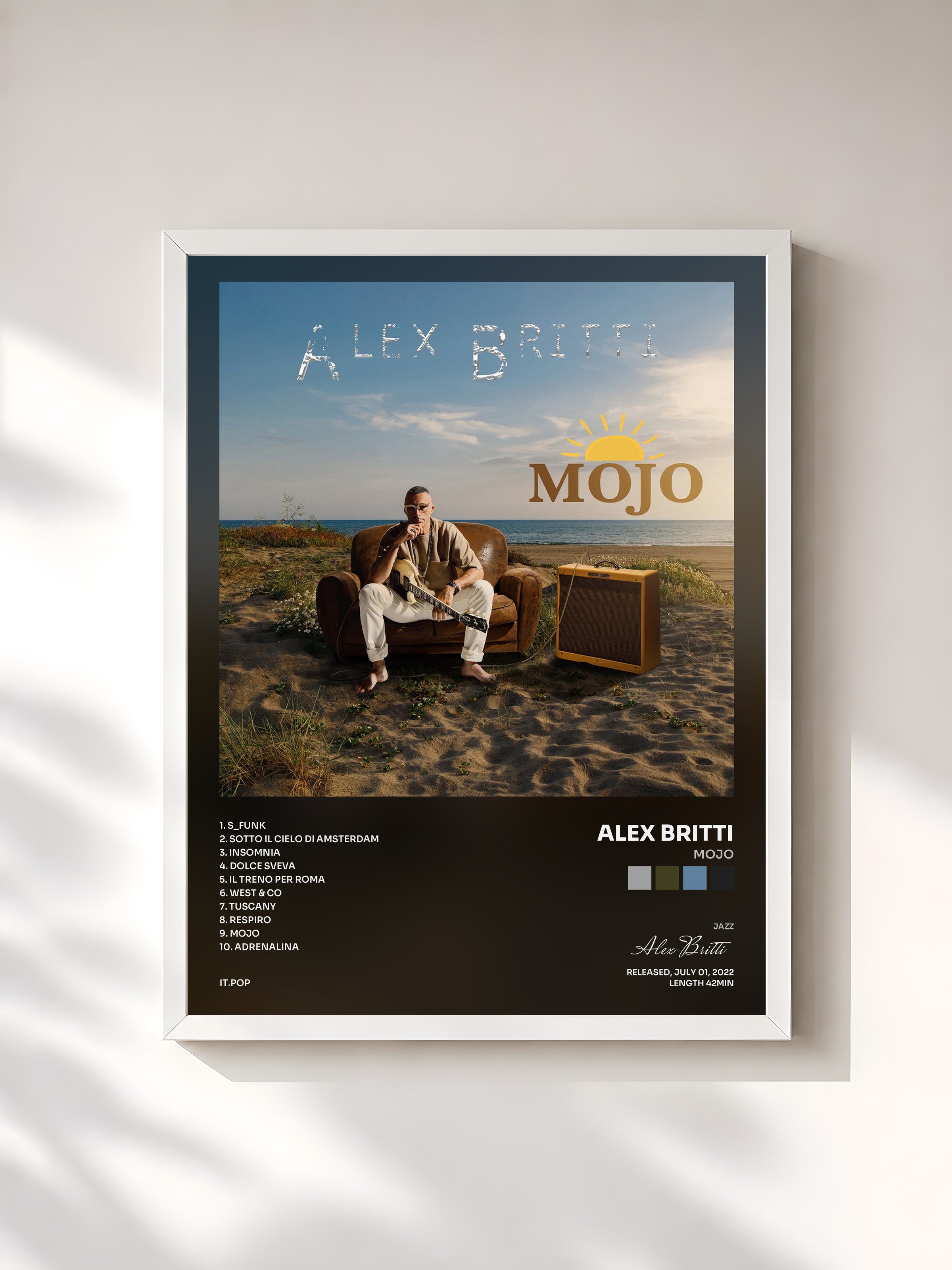 #blanc Tableau de l'album Mojo de Alex Britti, cadre blanc, imprimé et encadré en France