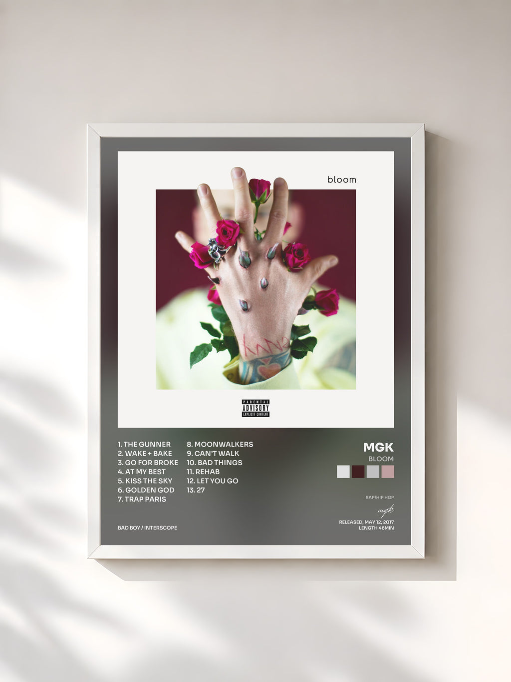 #blanc Tableau de l'album bloom de mgk, cadre blanc, imprimé et encadré en France