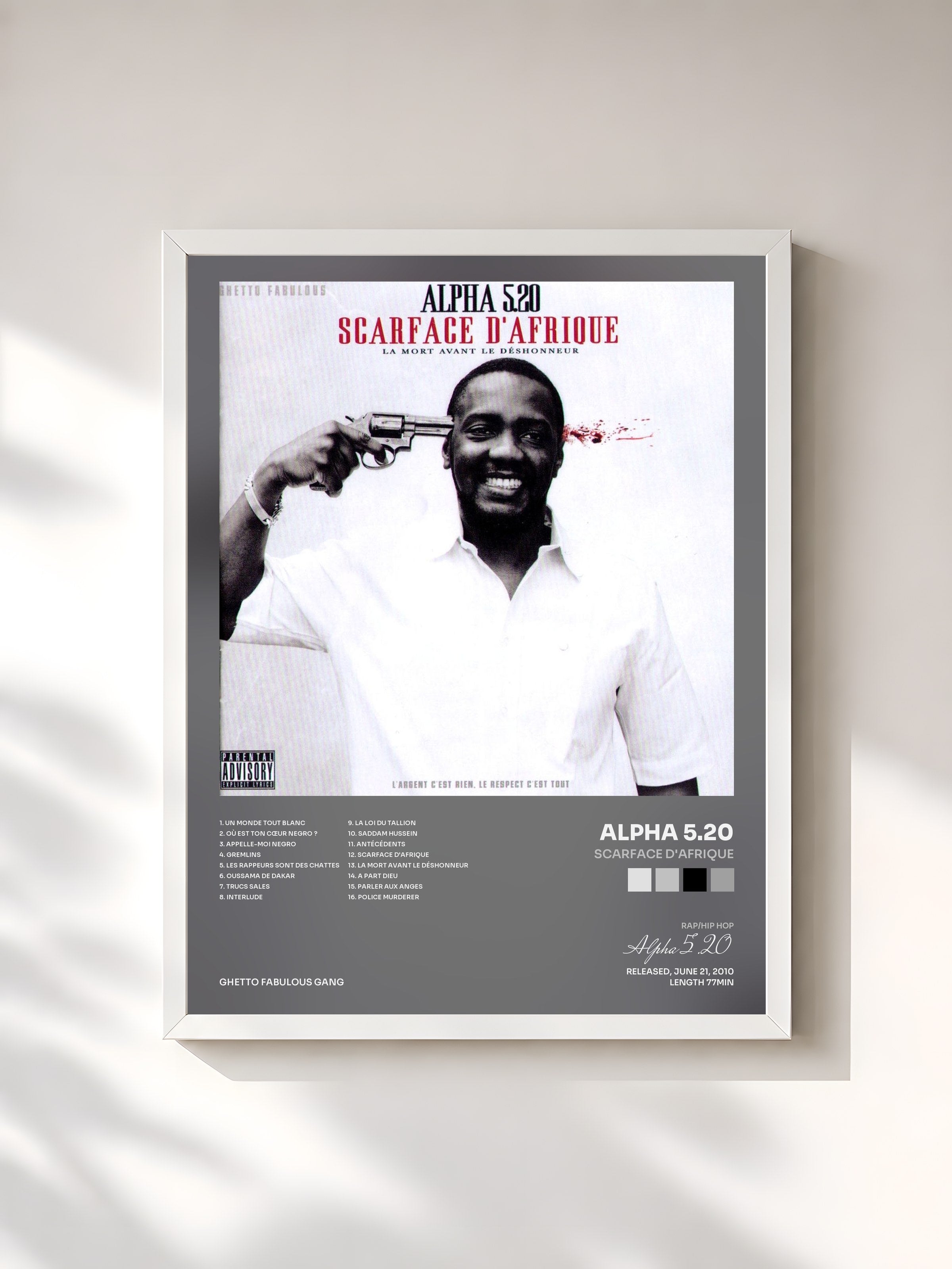 #blanc Tableau de l'album Scarface d'Afrique de Alpha 5.20, cadre blanc, imprimé et encadré en France