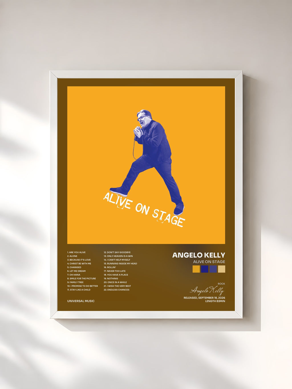 #blanc Tableau de l'album ALIVE ON STAGE de Angelo Kelly, cadre blanc, imprimé et encadré en France