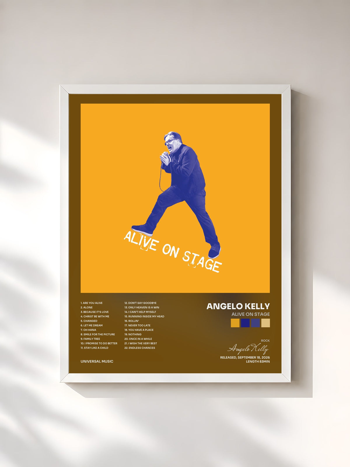 #blanc Tableau de l'album ALIVE ON STAGE de Angelo Kelly, cadre blanc, imprimé et encadré en France