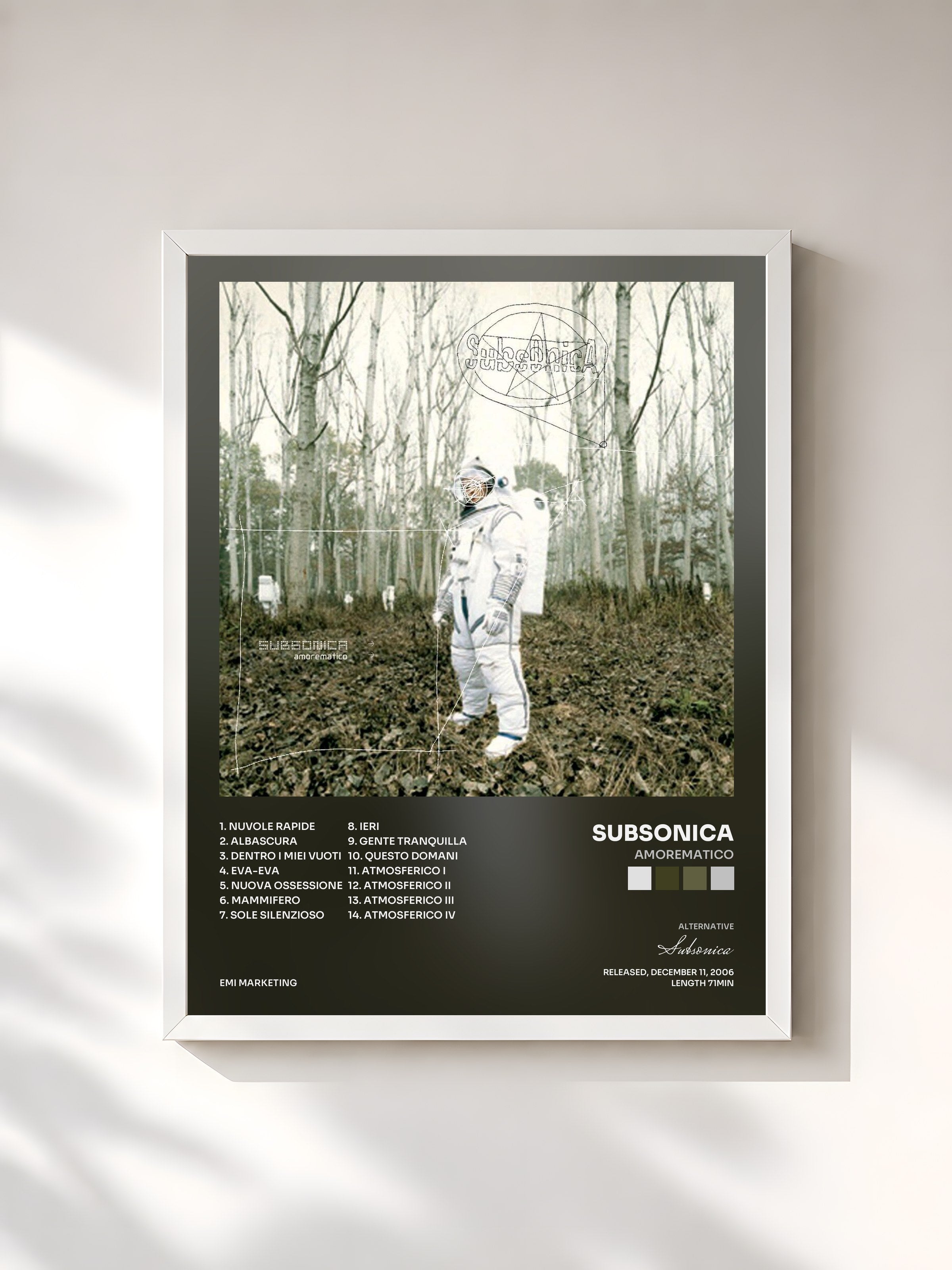 #blanc Tableau de l'album Amorematico de Subsonica, cadre blanc, imprimé et encadré en France