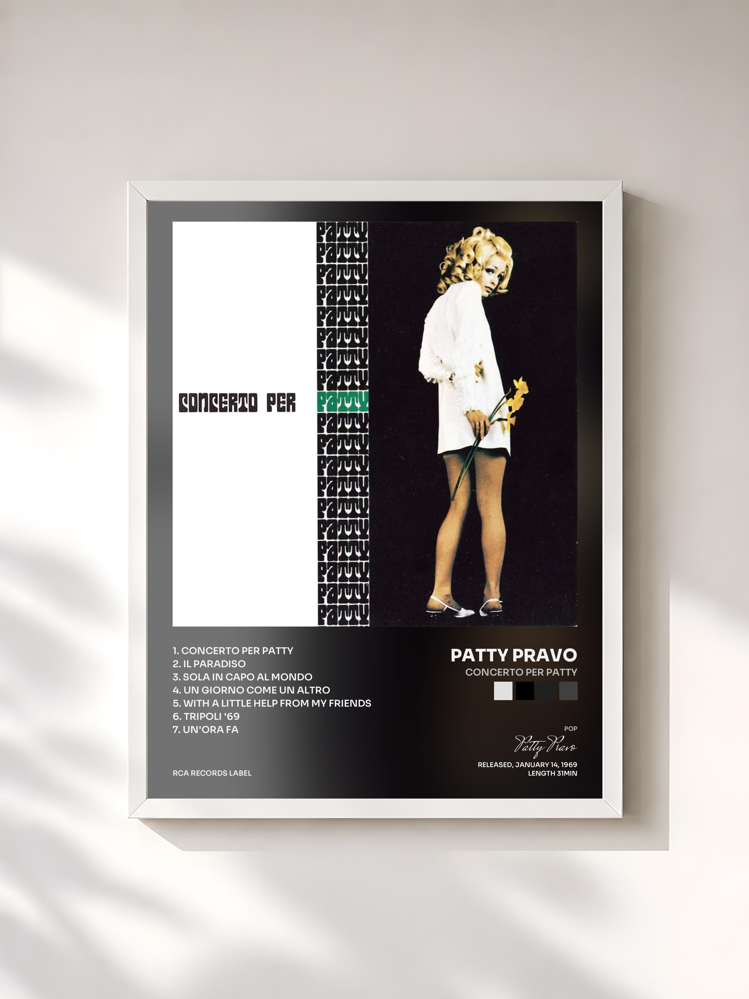 #blanc Tableau de l'album Concerto Per Patty de Patty Pravo, cadre blanc, imprimé et encadré en France