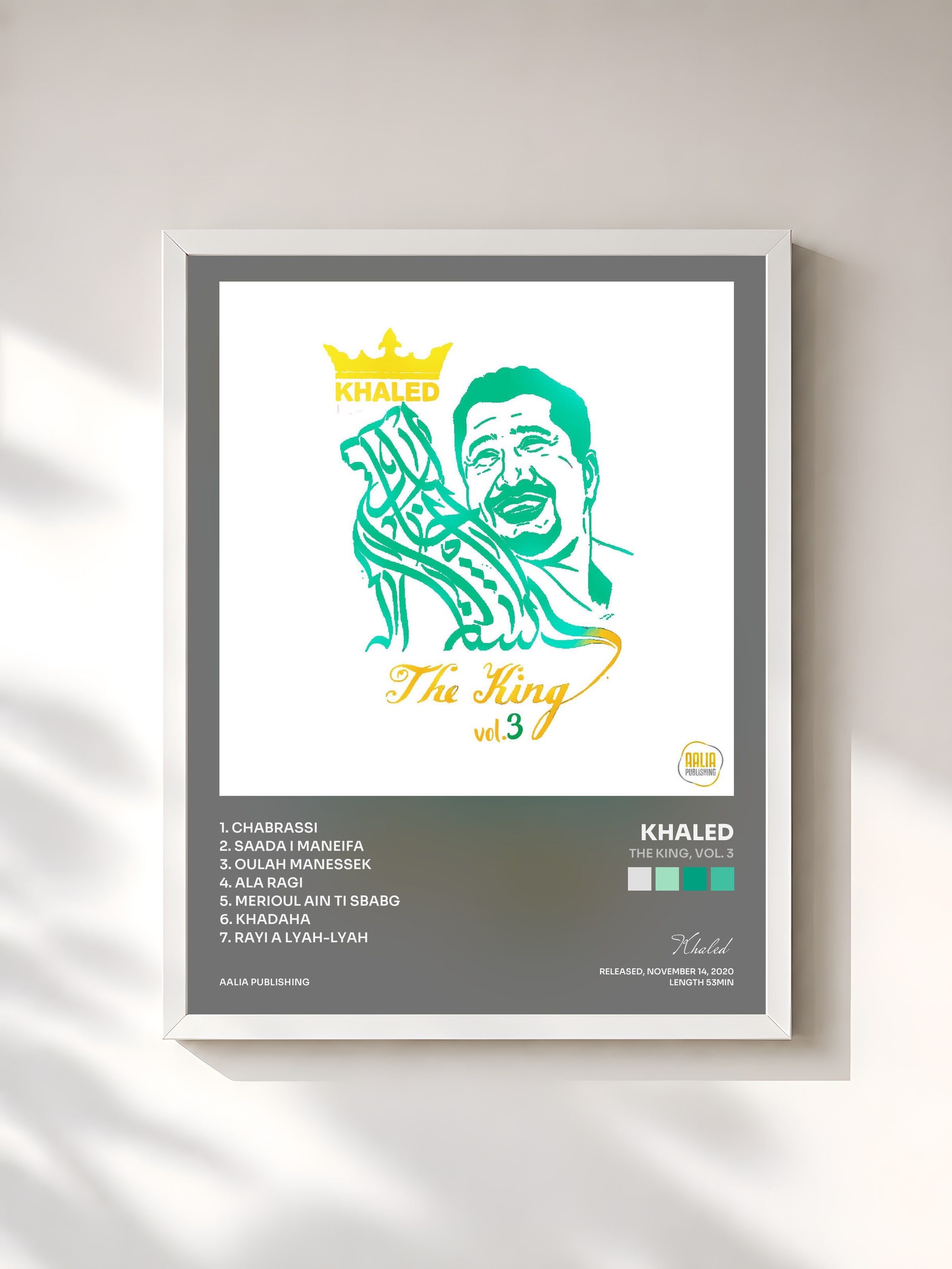#blanc Tableau de l'album The King, Vol. 3 de Khaled, cadre blanc, imprimé et encadré en France