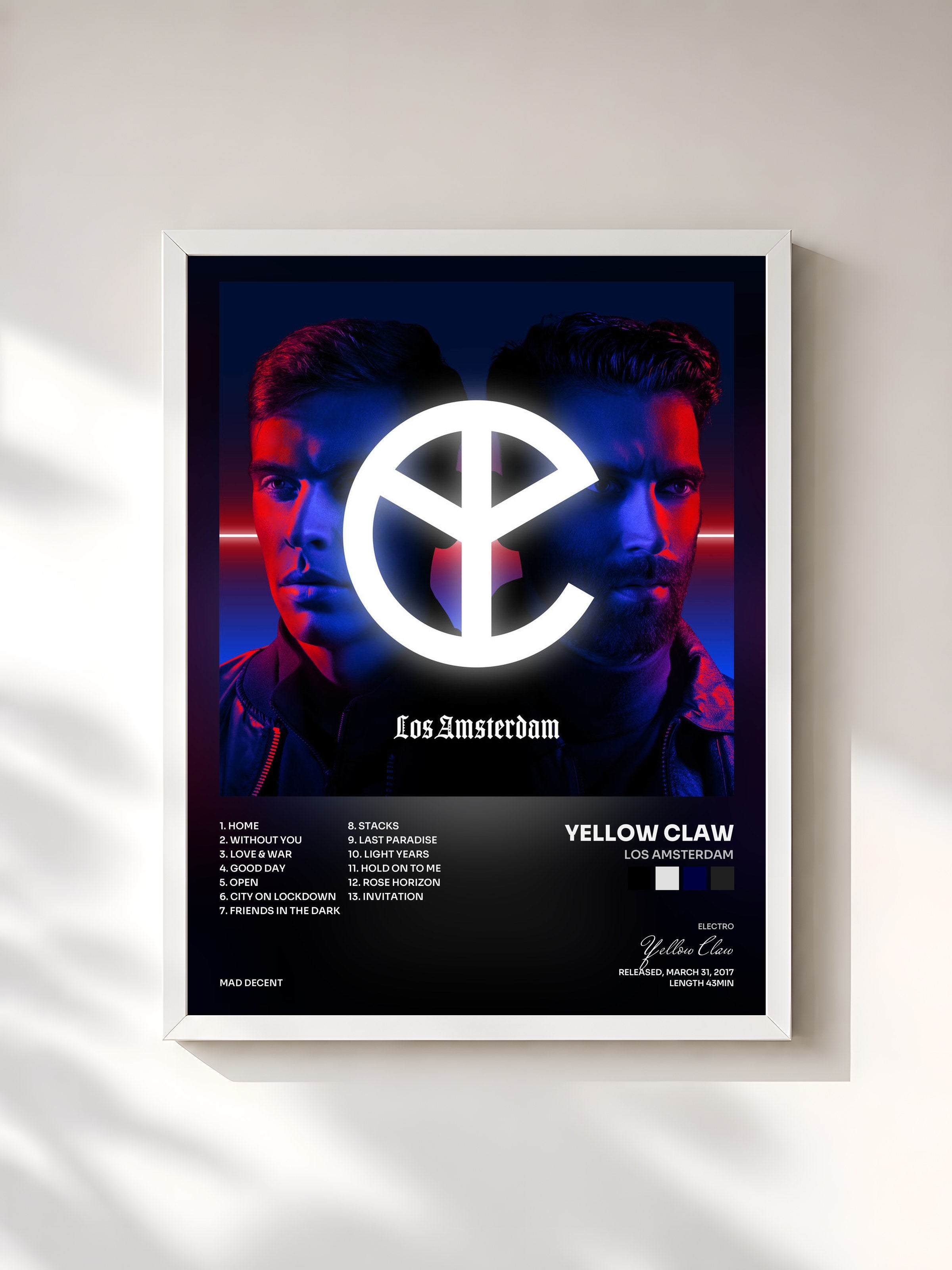 #blanc Tableau de l'album Los Amsterdam de Yellow Claw, cadre blanc, imprimé et encadré en France