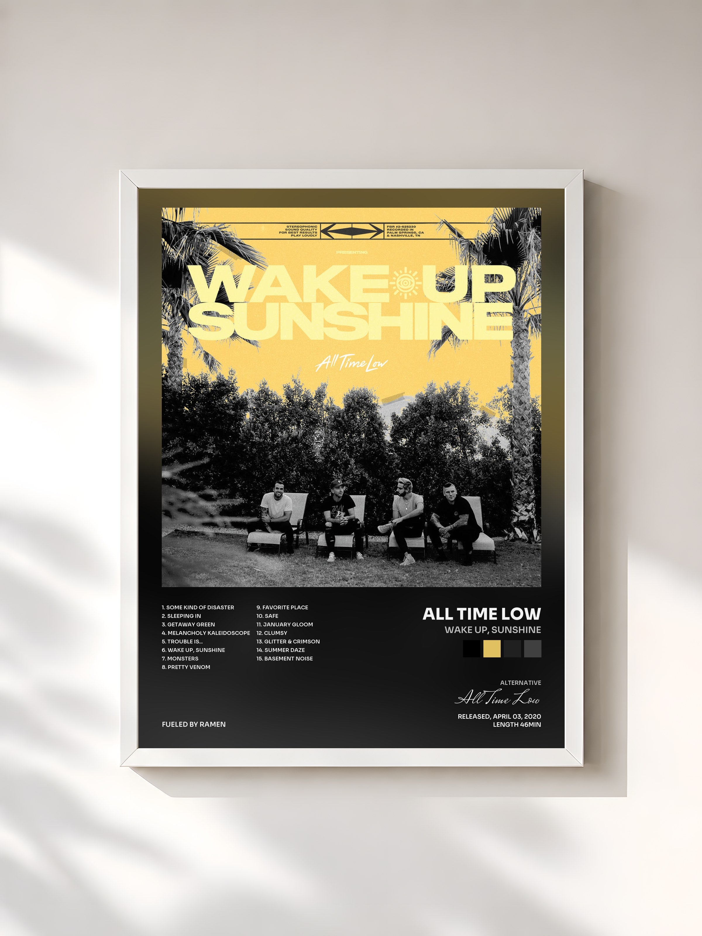 #blanc Tableau de l'album Wake Up, Sunshine de All Time Low, cadre blanc, imprimé et encadré en France