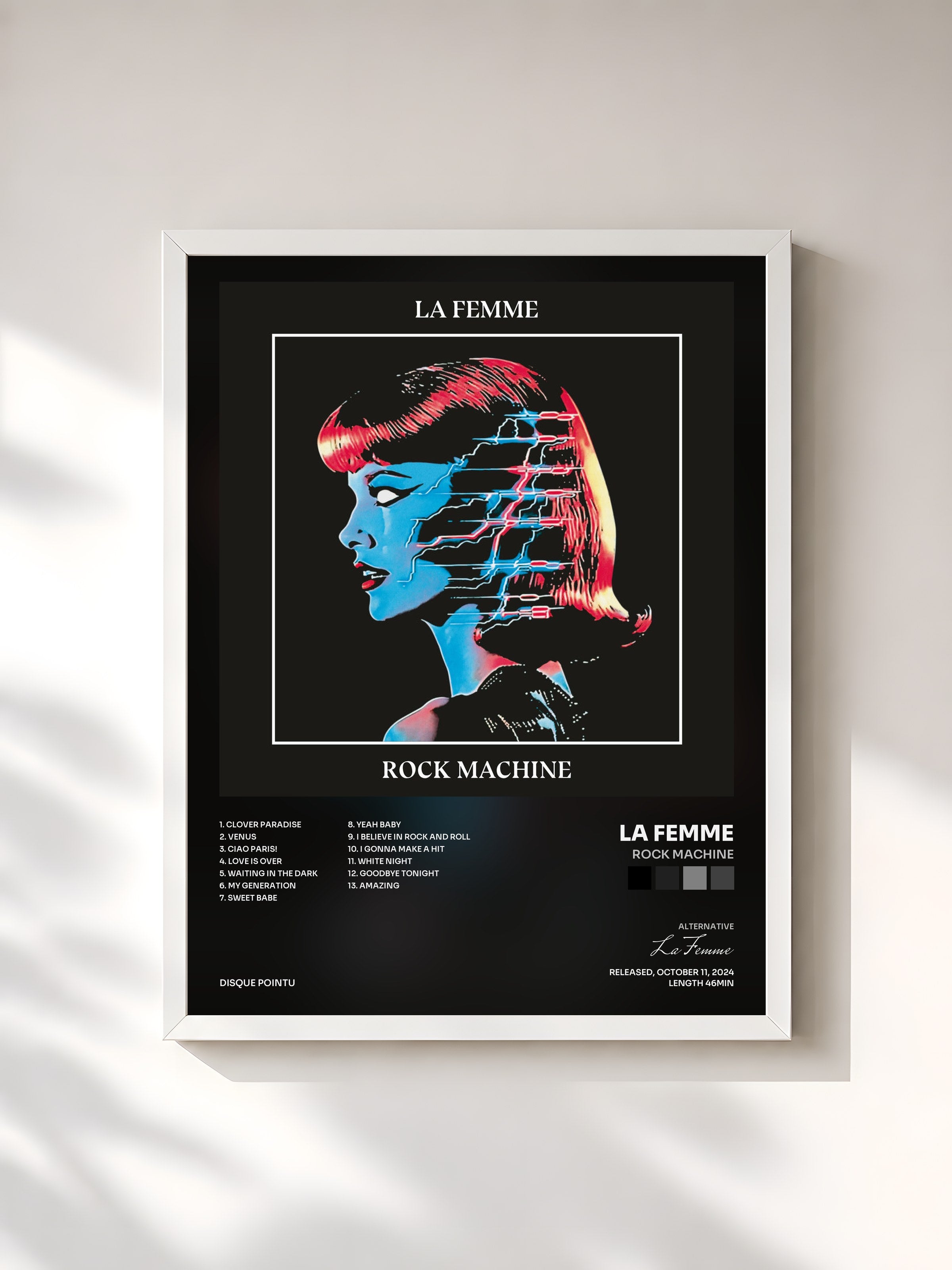#blanc Tableau de l'album Rock Machine de La Femme, cadre blanc, imprimé et encadré en France