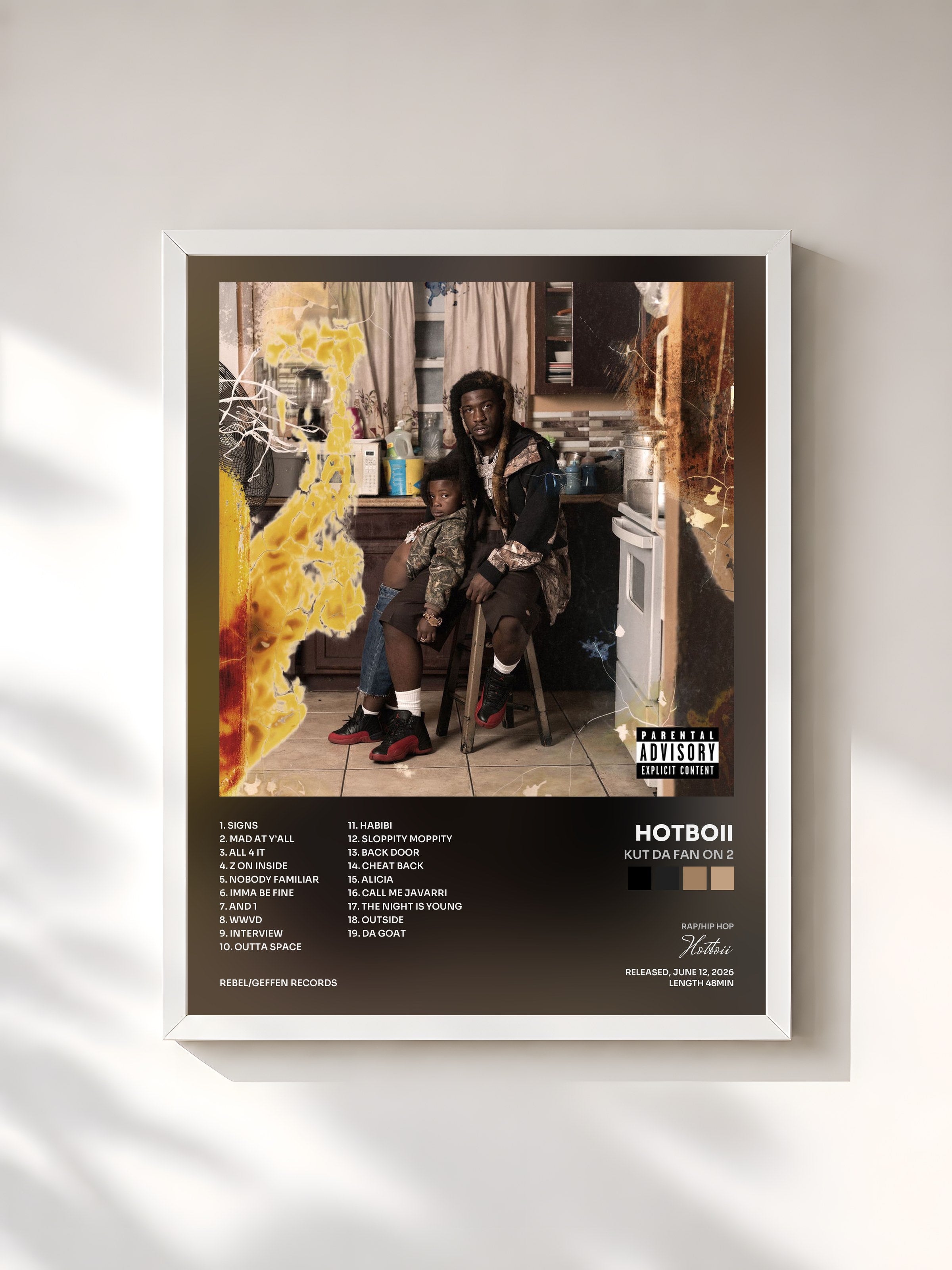 #blanc Tableau de l'album Kut Da Fan On 2 de Hotboii, cadre blanc, imprimé et encadré en France