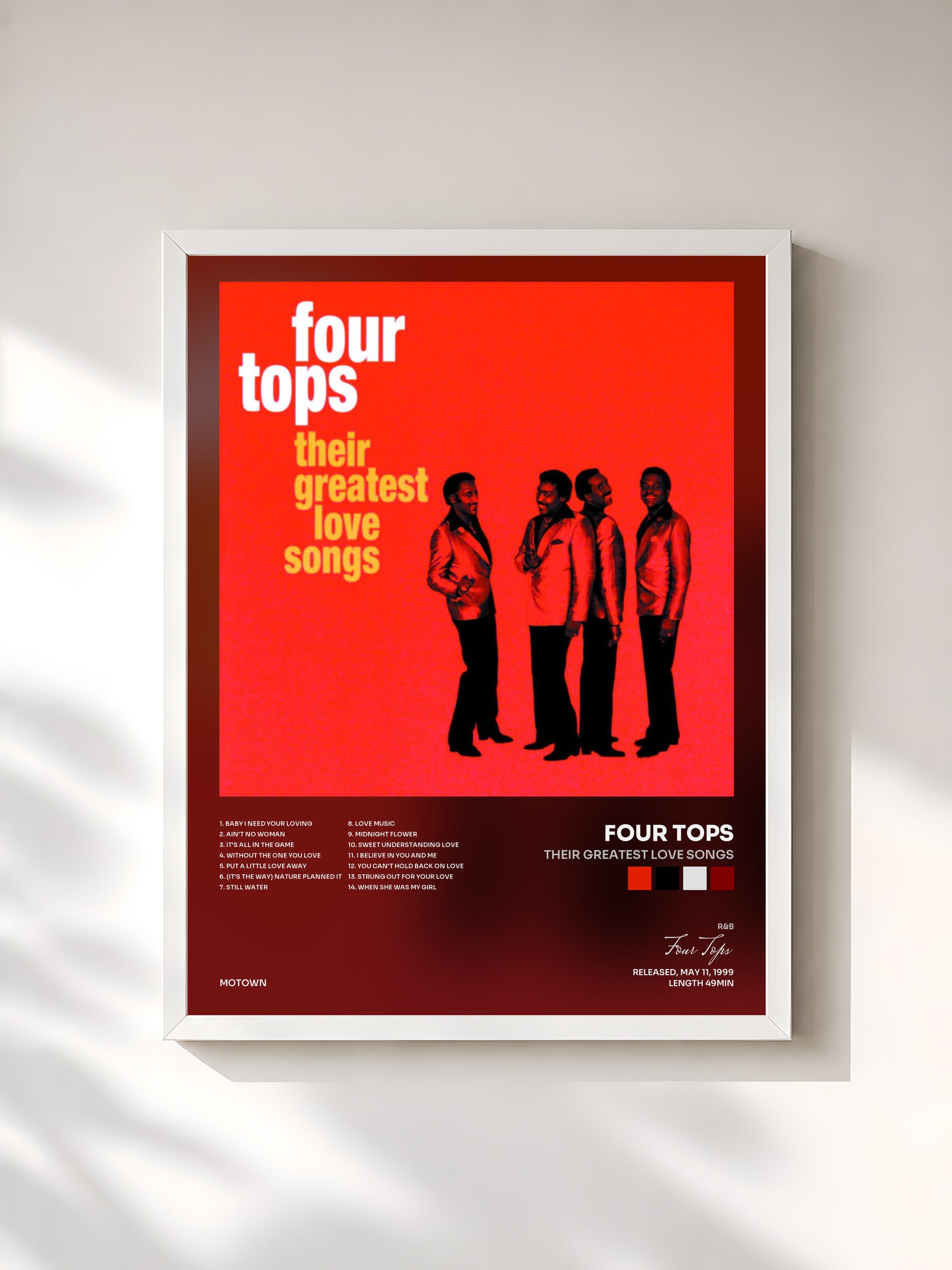 #blanc Tableau de l'album Their Greatest Love Songs de Four Tops, cadre blanc, imprimé et encadré en France