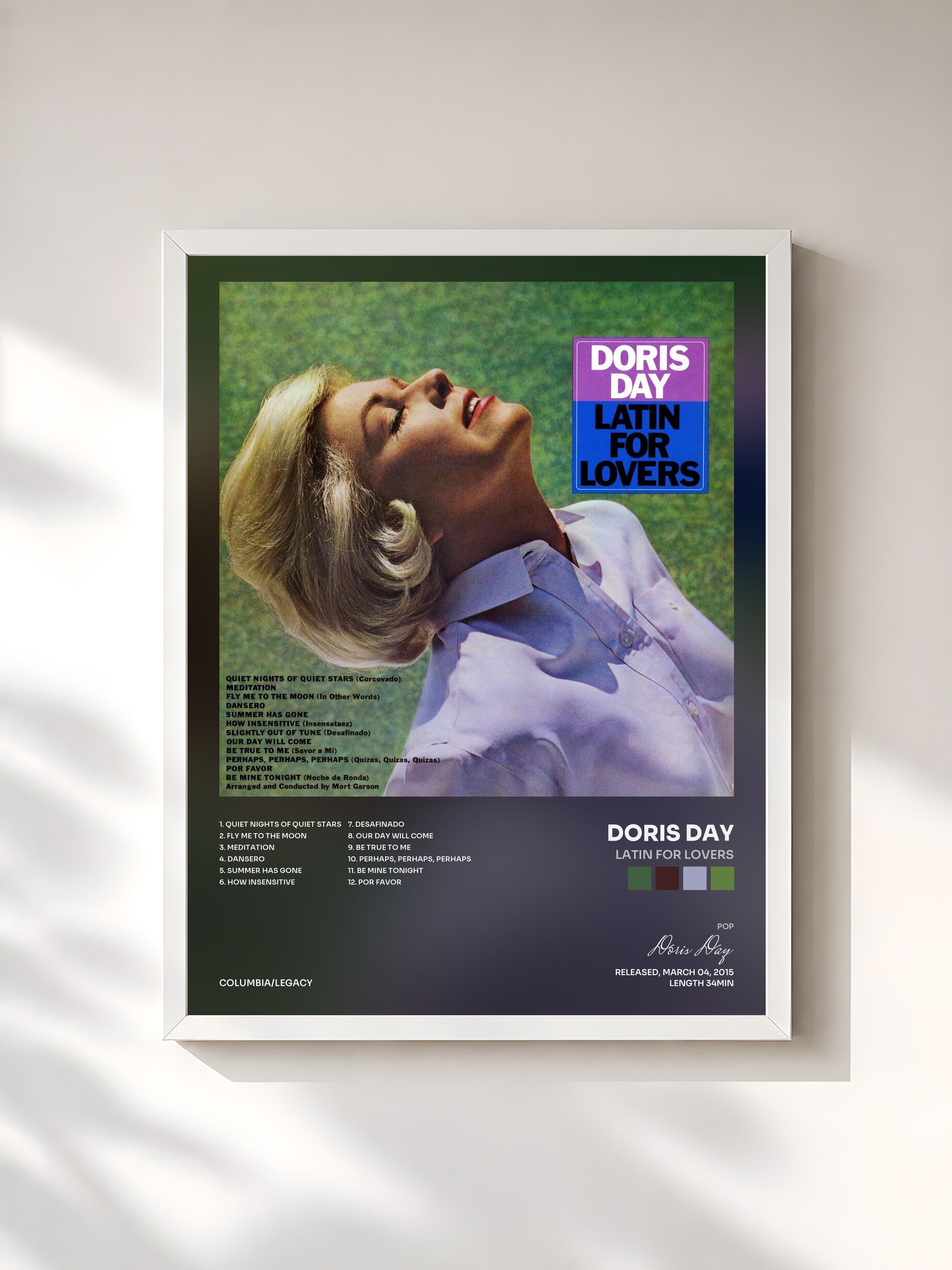 #blanc Tableau de l'album Latin For Lovers de Doris Day, cadre blanc, imprimé et encadré en France