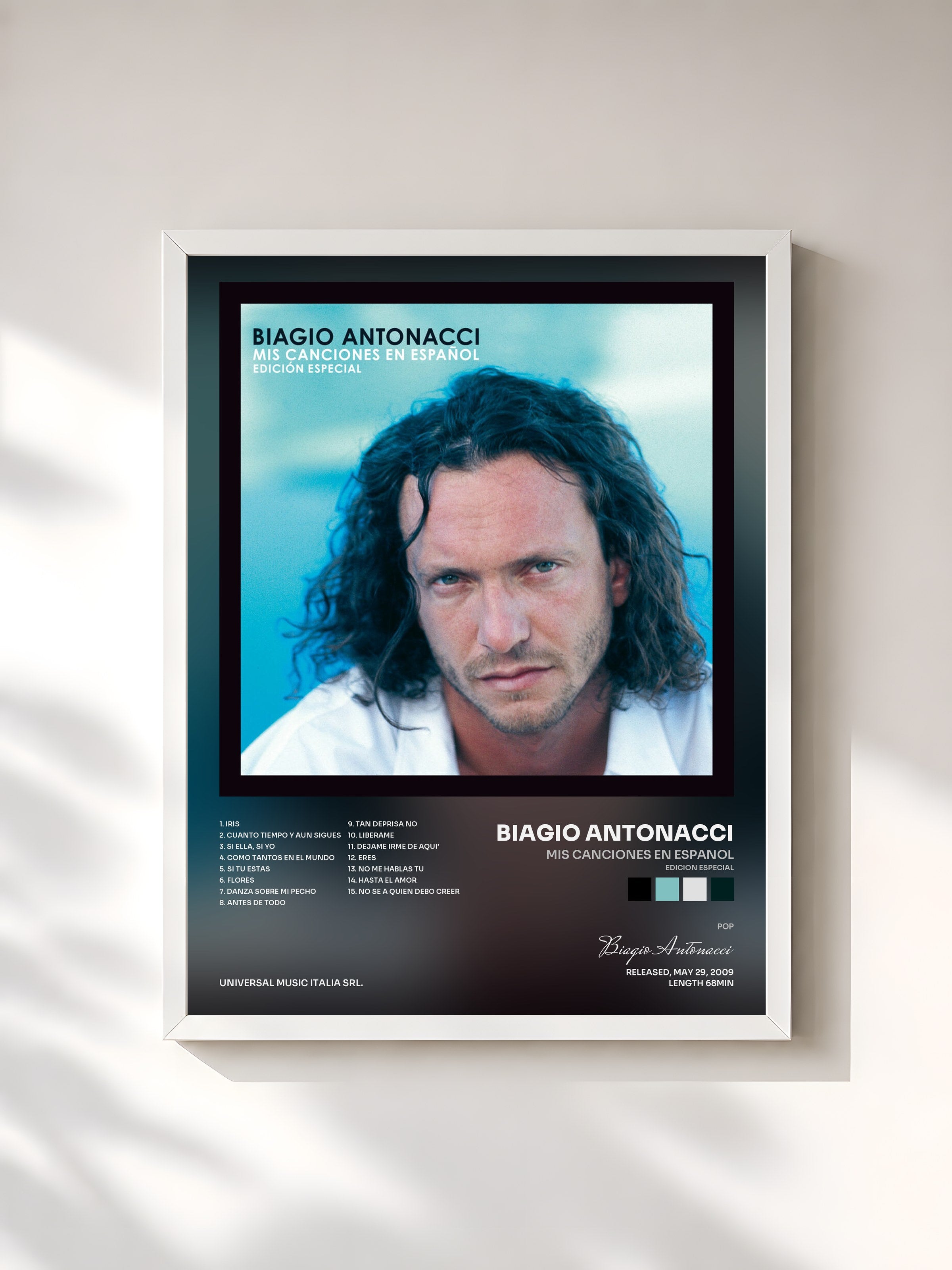 #blanc Tableau de l'album Mis Canciones En Espanol (Edicion Especial) de Biagio Antonacci, cadre blanc, imprimé et encadré en France