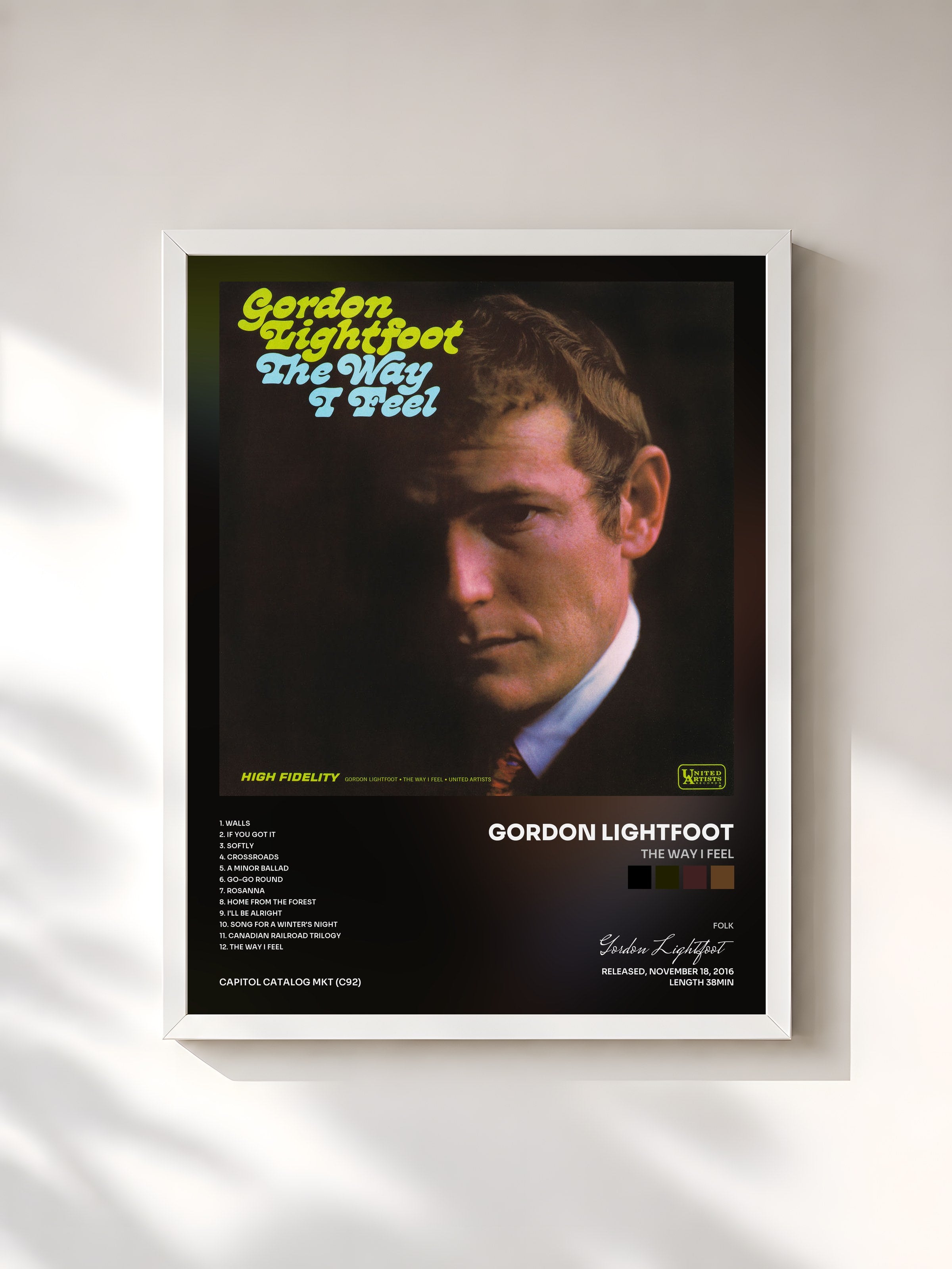 #blanc Tableau de l'album The Way I Feel de Gordon Lightfoot, cadre blanc, imprimé et encadré en France