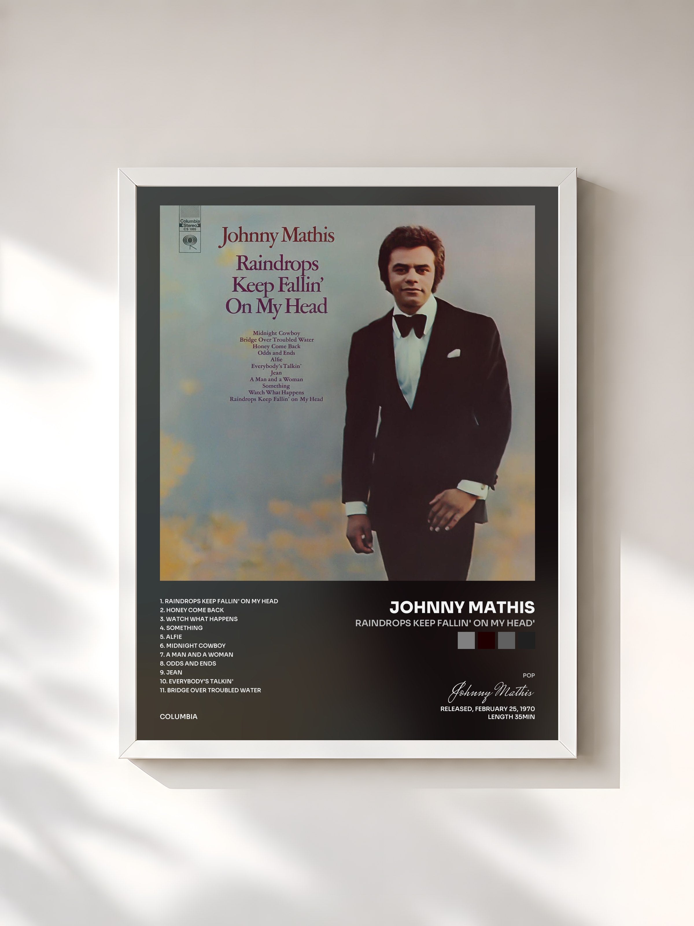 #blanc Tableau de l'album Raindrops Keep Fallin' On my Head' de Johnny Mathis, cadre blanc, imprimé et encadré en France