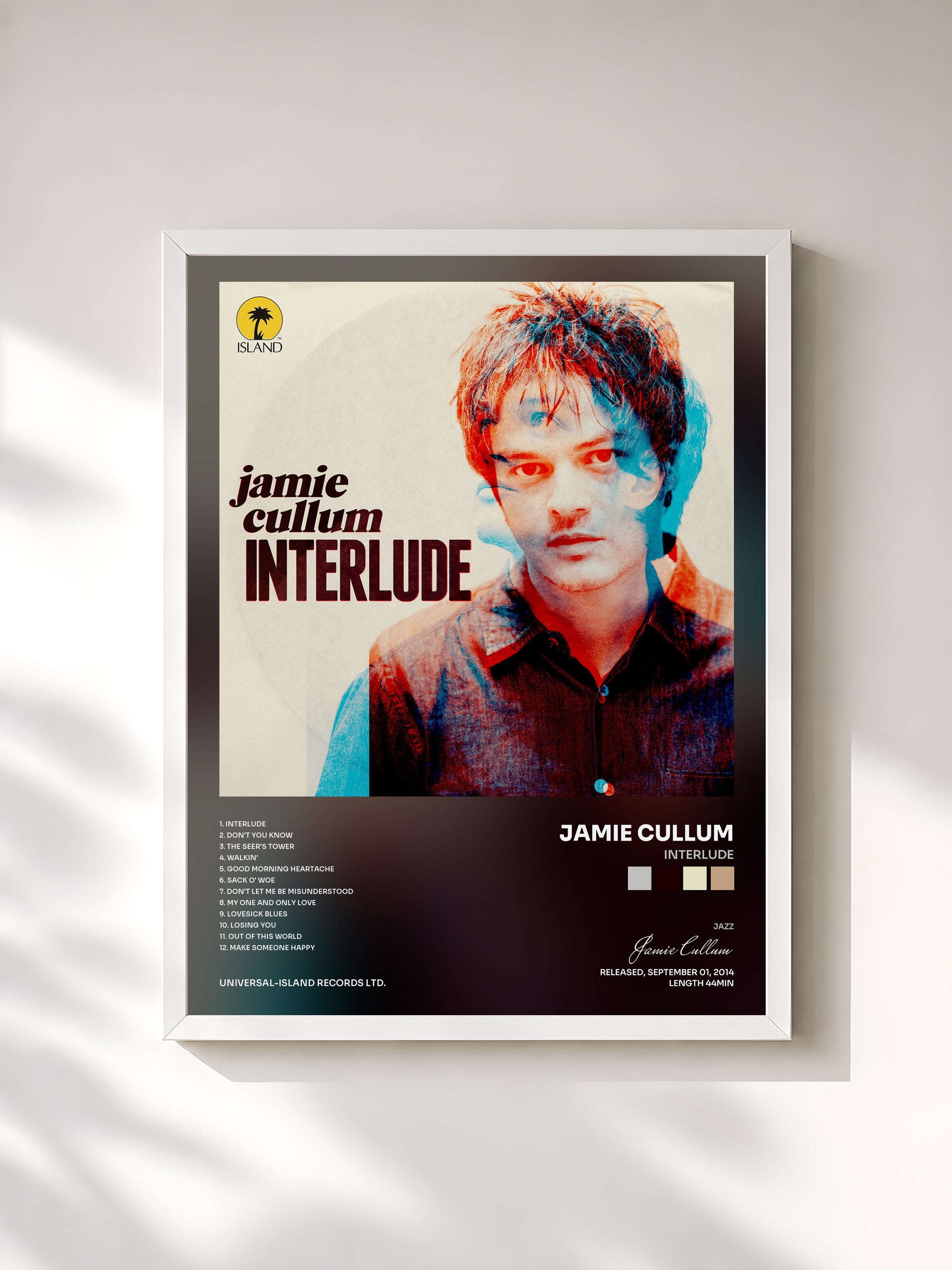 #blanc Tableau de l'album Interlude de Jamie Cullum, cadre blanc, imprimé et encadré en France
