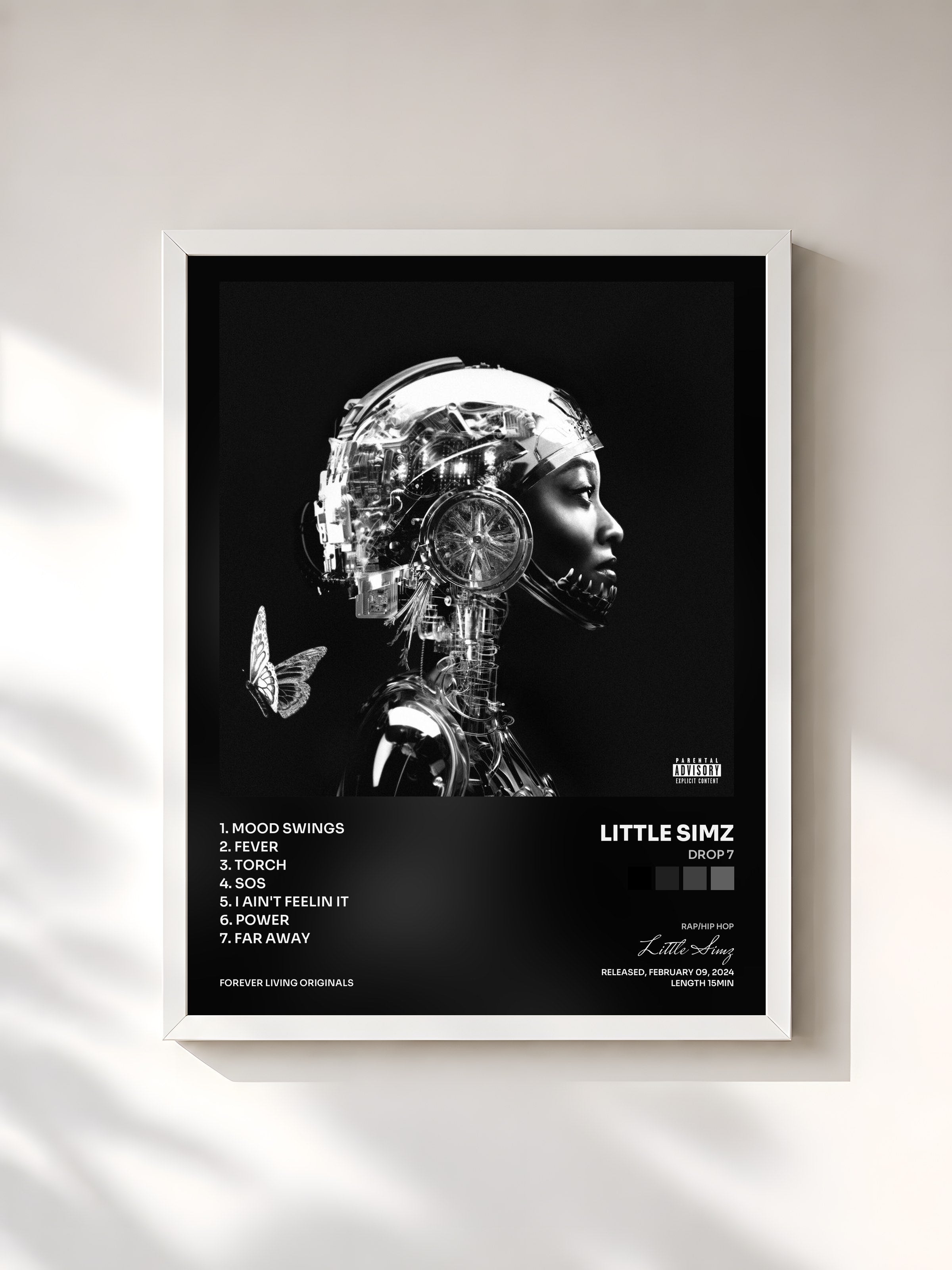 #blanc Tableau de l'album Drop 7 de Little Simz, cadre blanc, imprimé et encadré en France