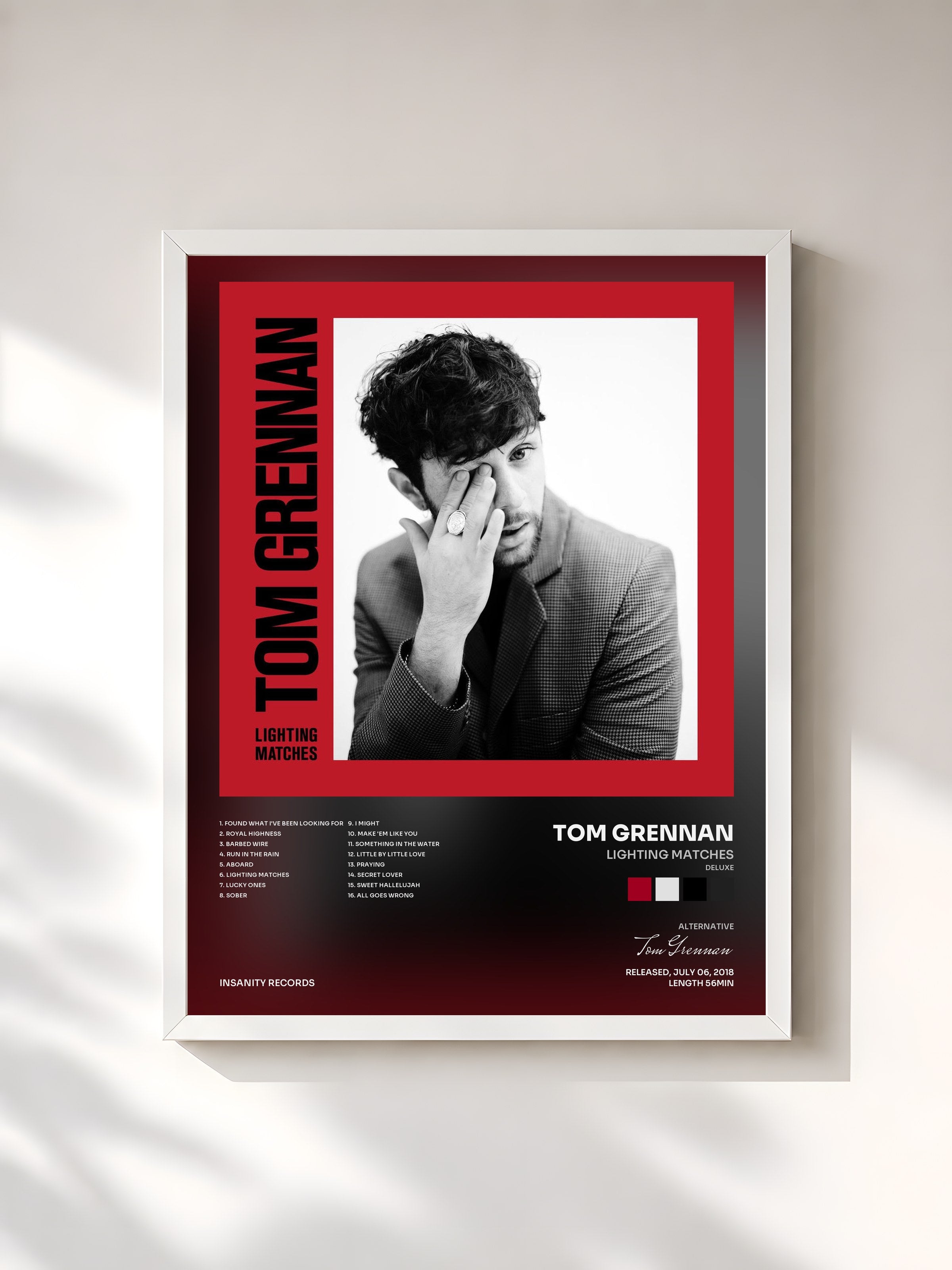 #blanc Tableau de l'album Lighting Matches (Deluxe) de Tom Grennan, cadre blanc, imprimé et encadré en France