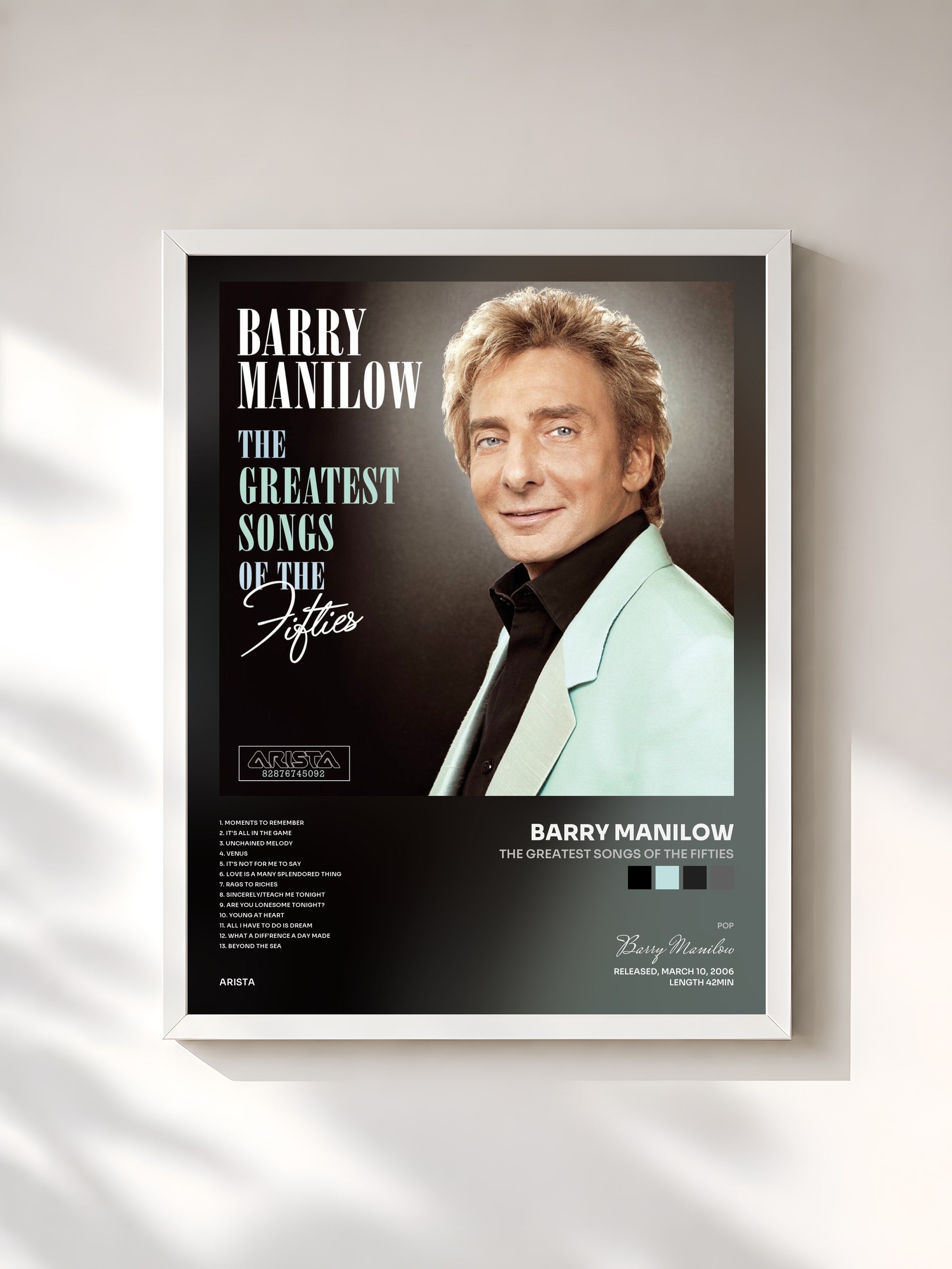 #blanc Tableau de l'album The Greatest Songs Of The Fifties de Barry Manilow, cadre blanc, imprimé et encadré en France