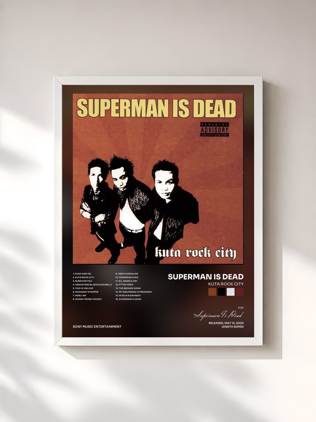 #blanc Tableau de l'album Kuta Rock City de Superman Is Dead, cadre blanc, imprimé et encadré en France