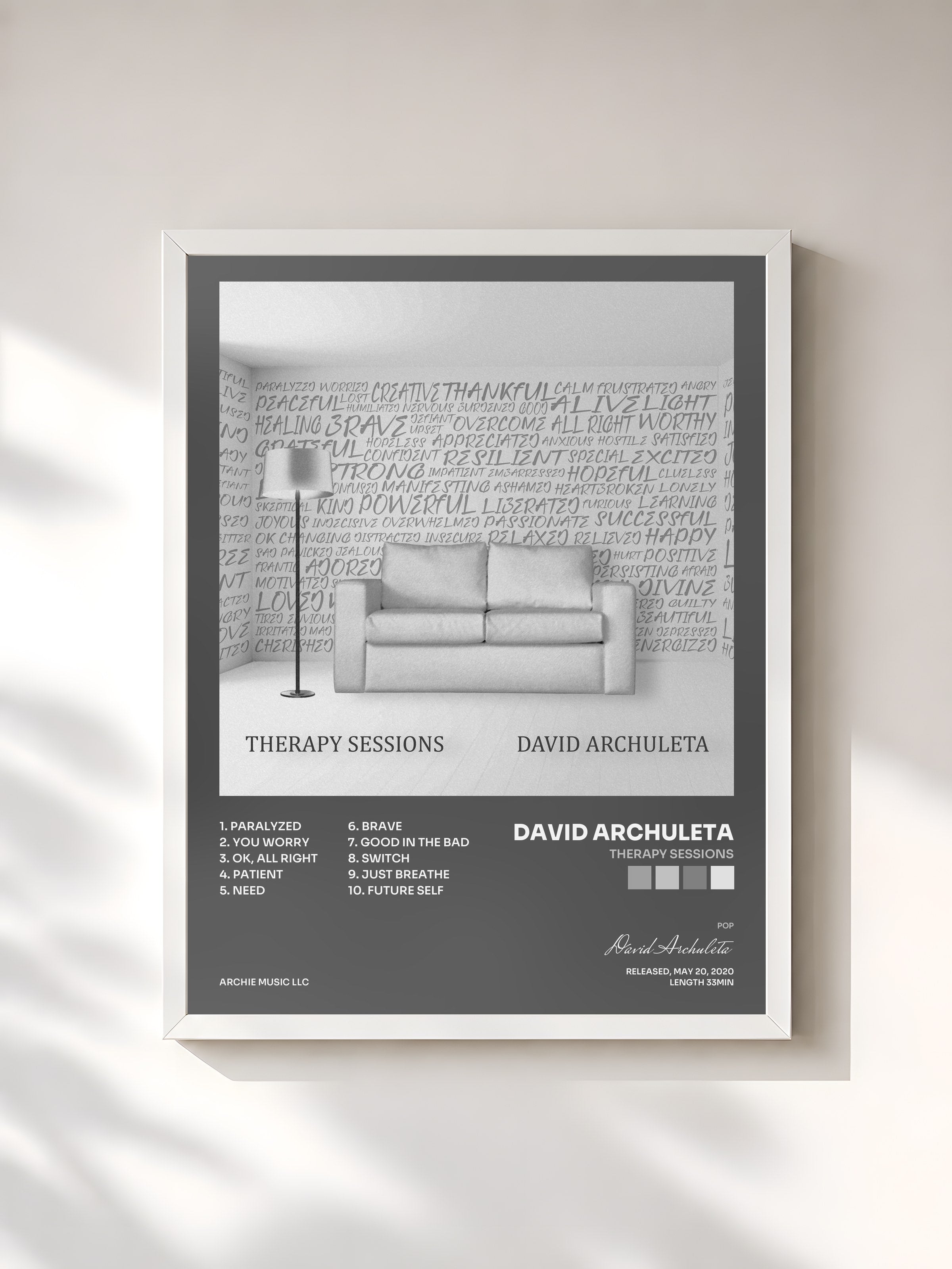 #blanc Tableau de l'album Therapy Sessions de David Archuleta, cadre blanc, imprimé et encadré en France