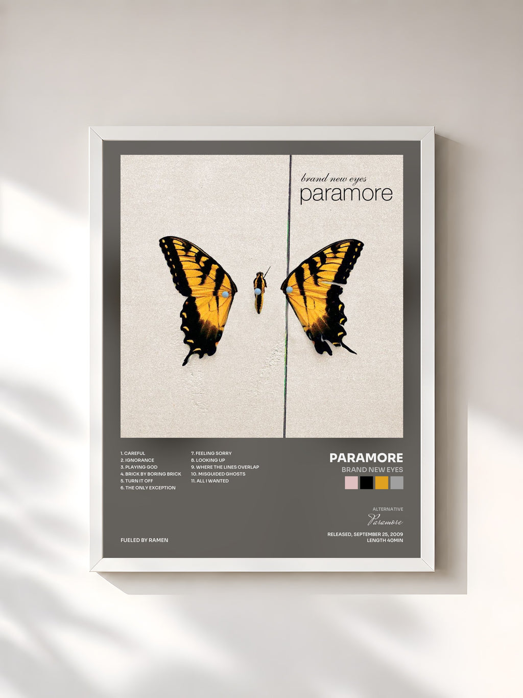 #blanc Tableau de l'album Brand New Eyes de Paramore, cadre blanc, imprimé et encadré en France
