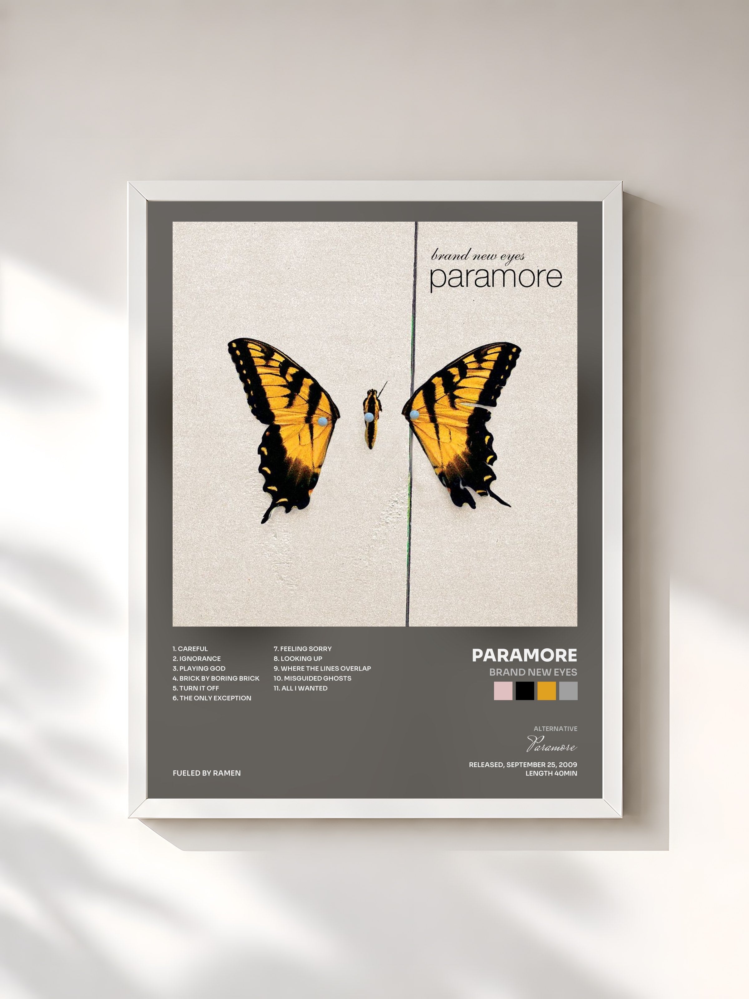 #blanc Tableau de l'album Brand New Eyes de Paramore, cadre blanc, imprimé et encadré en France