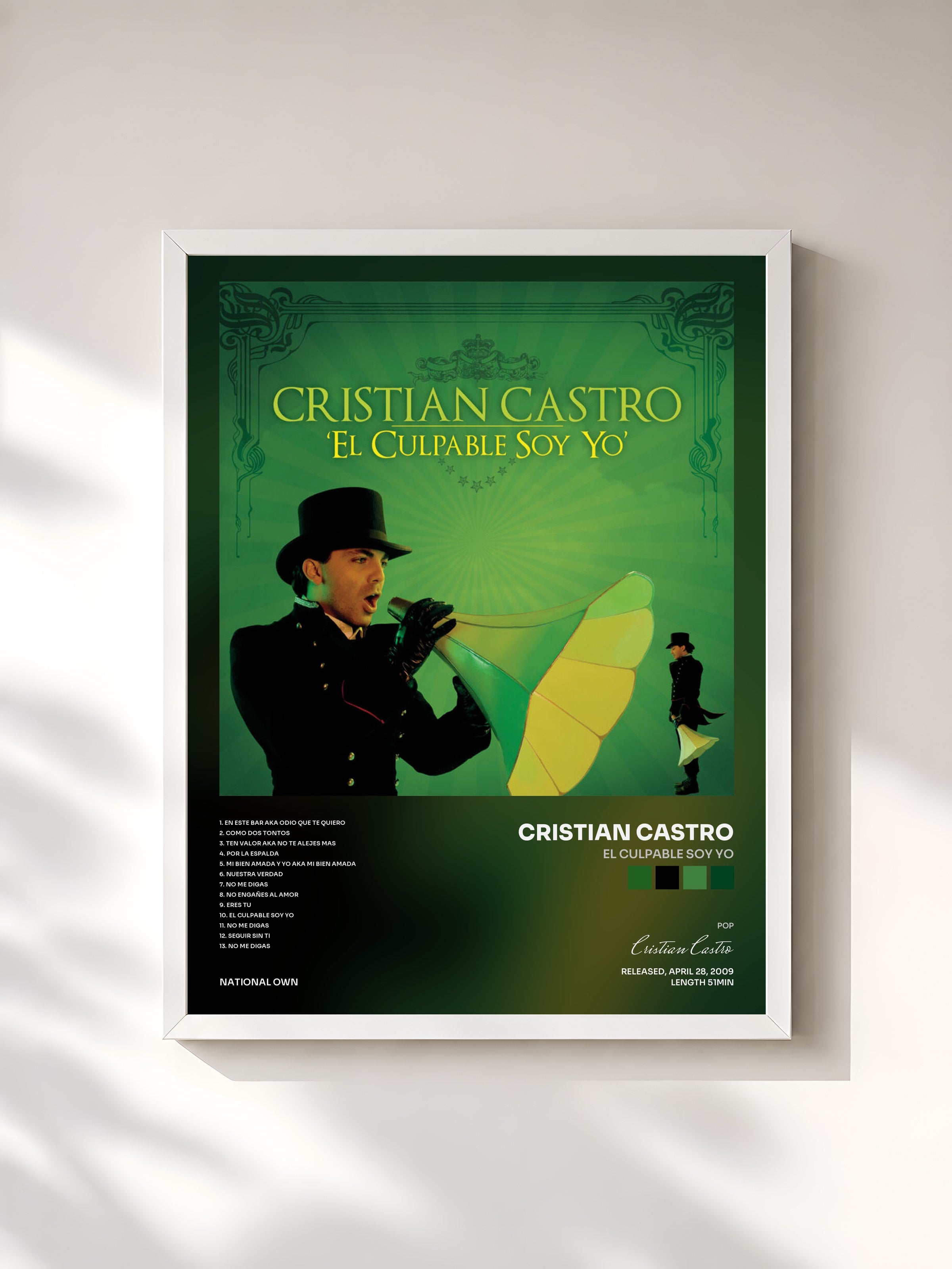 #blanc Tableau de l'album El Culpable Soy Yo de Cristian Castro, cadre blanc, imprimé et encadré en France