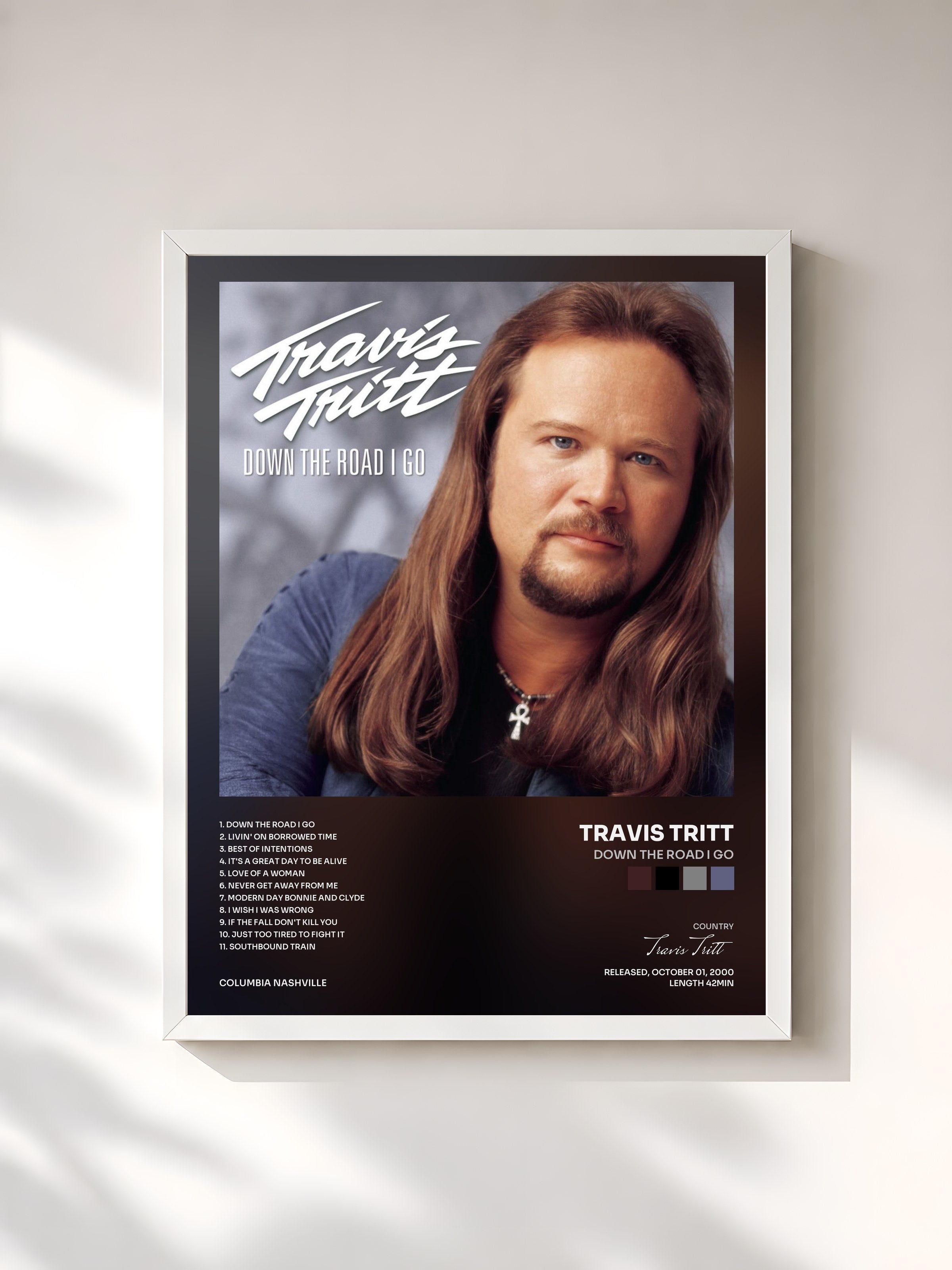 #blanc Tableau de l'album Down The Road I Go de Travis Tritt, cadre blanc, imprimé et encadré en France