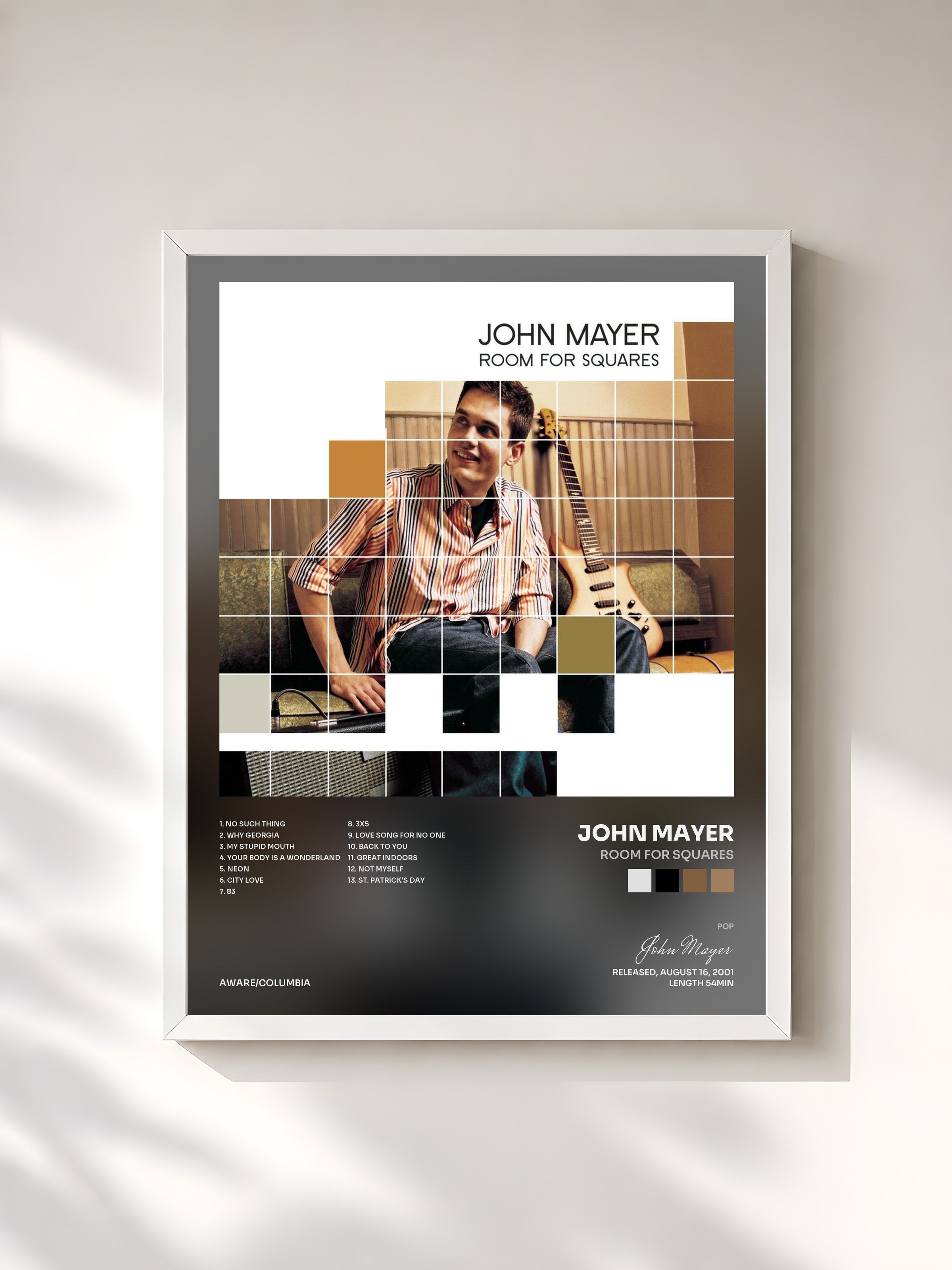 #blanc Tableau de l'album Room For Squares de John Mayer, cadre blanc, imprimé et encadré en France