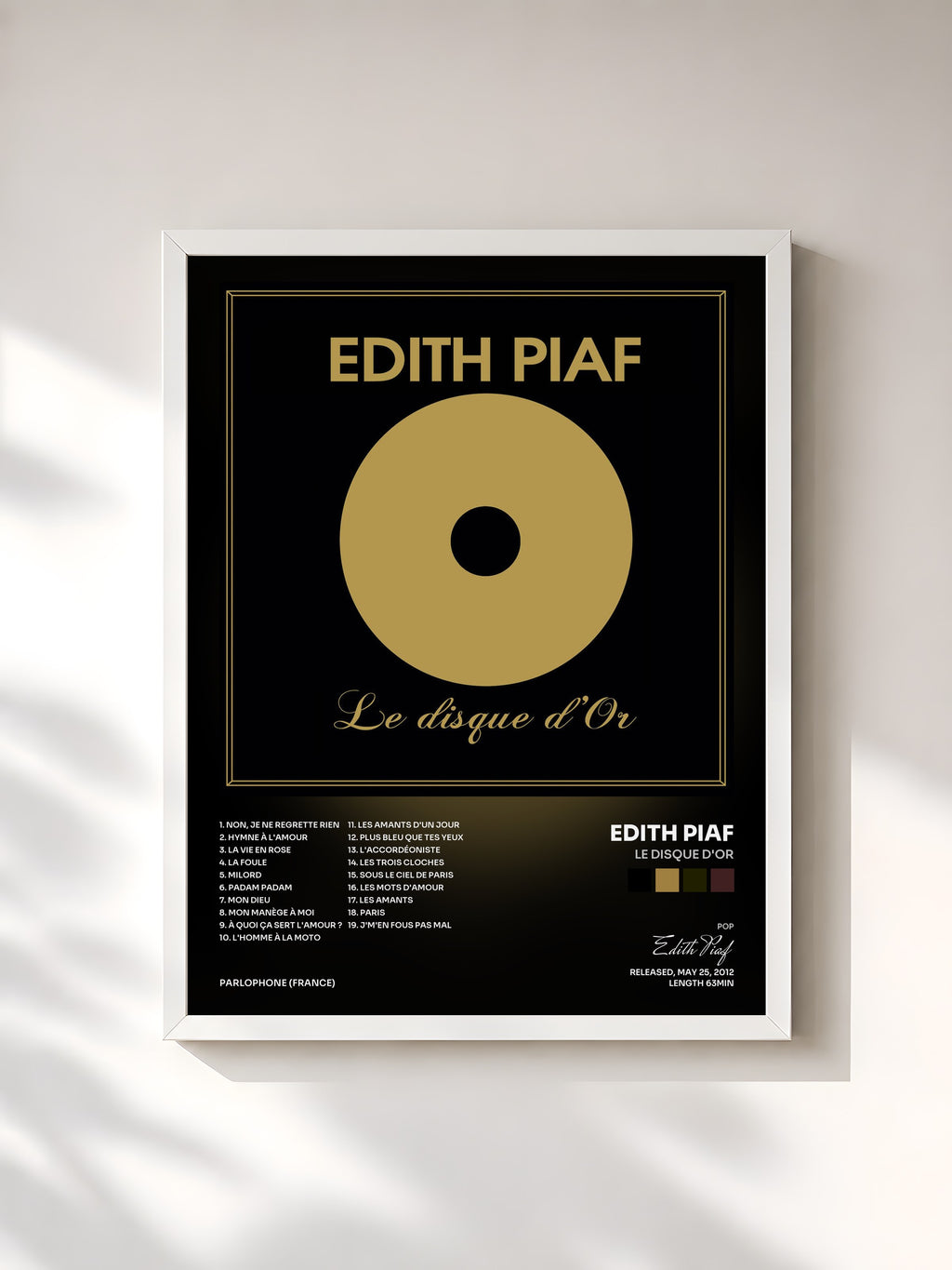 #blanc Tableau de l'album Le disque d'or de Edith Piaf, cadre blanc, imprimé et encadré en France
