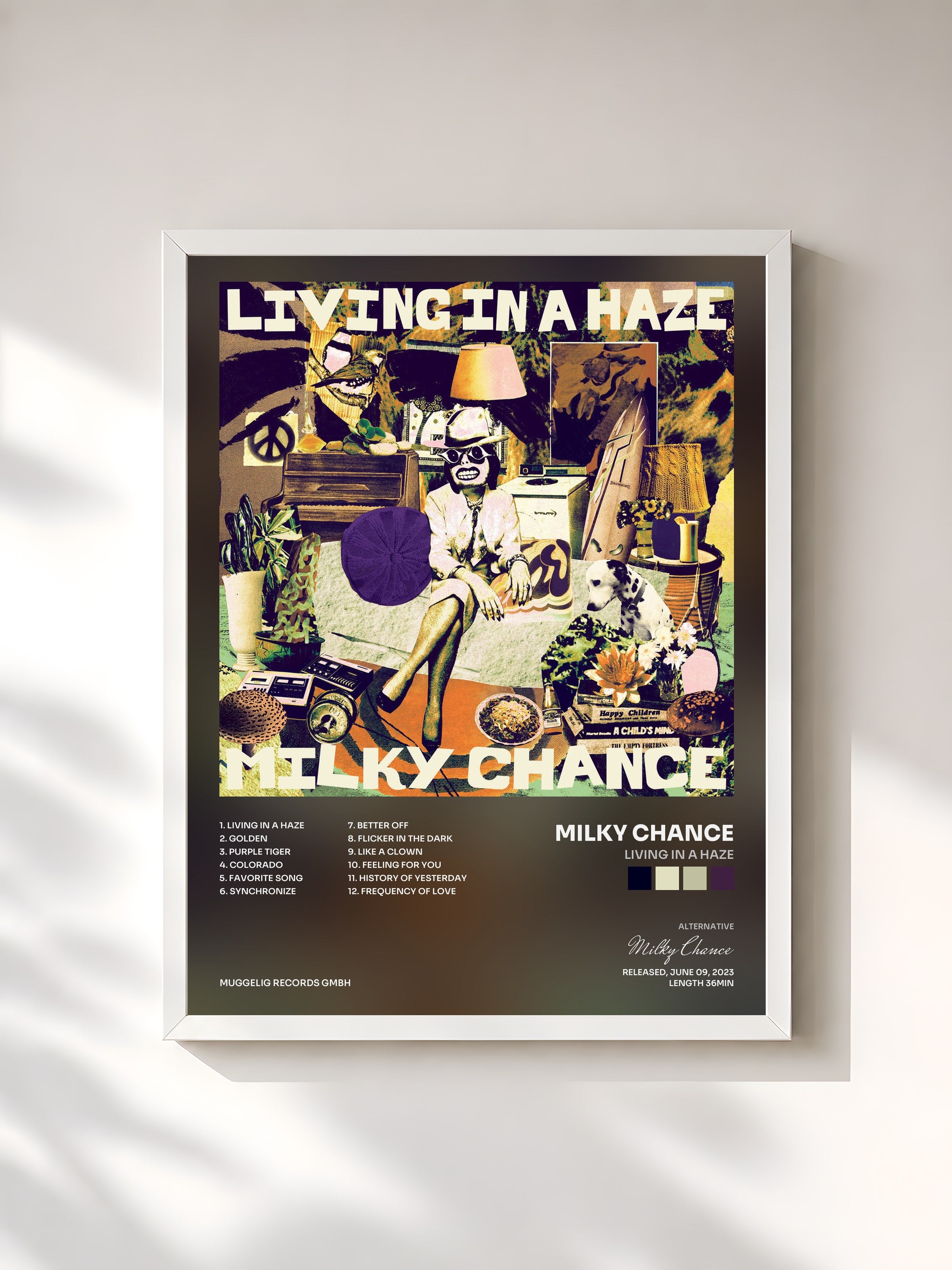 #blanc Tableau de l'album Living In A Haze de Milky Chance, cadre blanc, imprimé et encadré en France