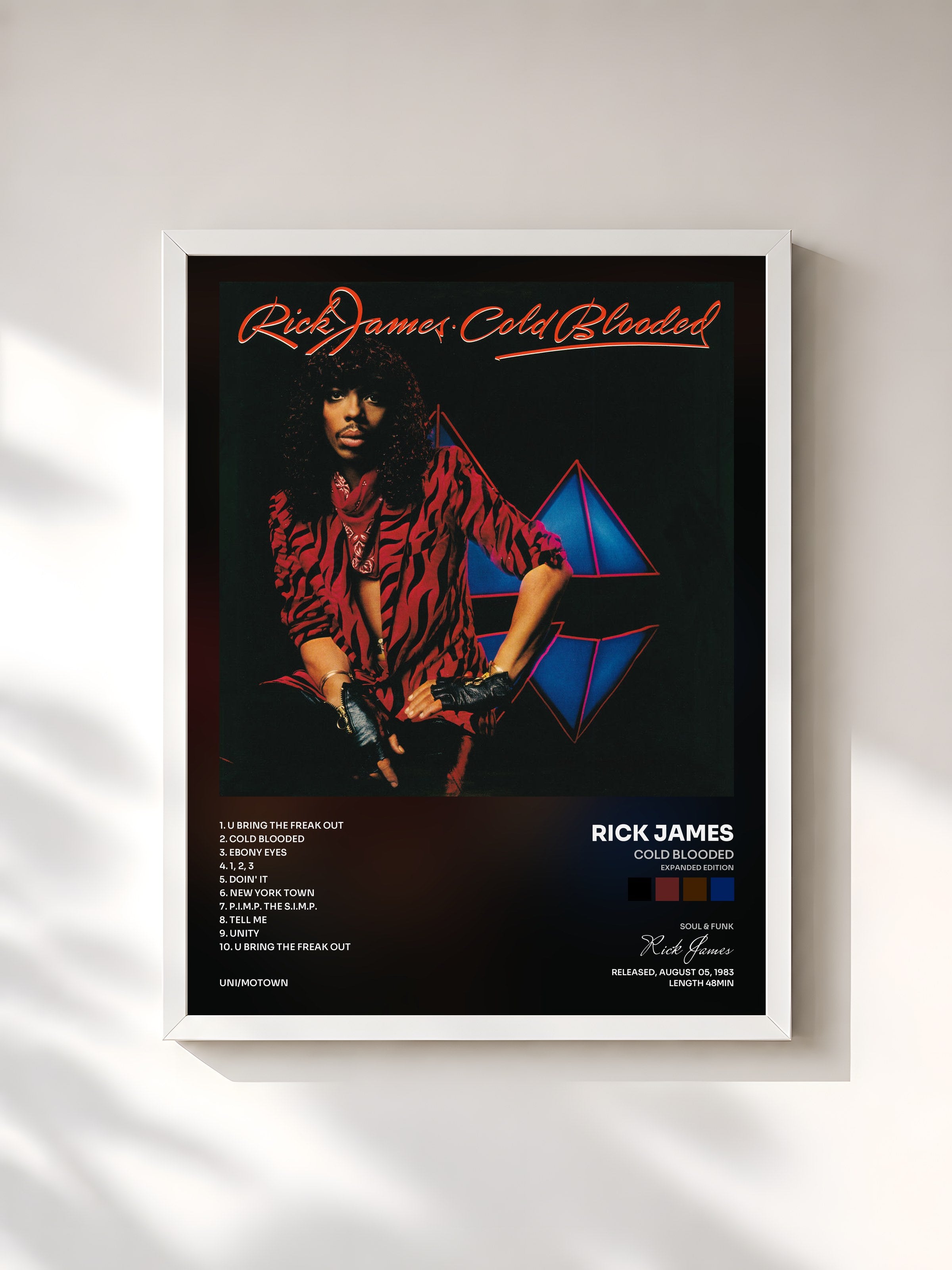 #blanc Tableau de l'album Cold Blooded (Expanded Edition) de Rick James, cadre blanc, imprimé et encadré en France