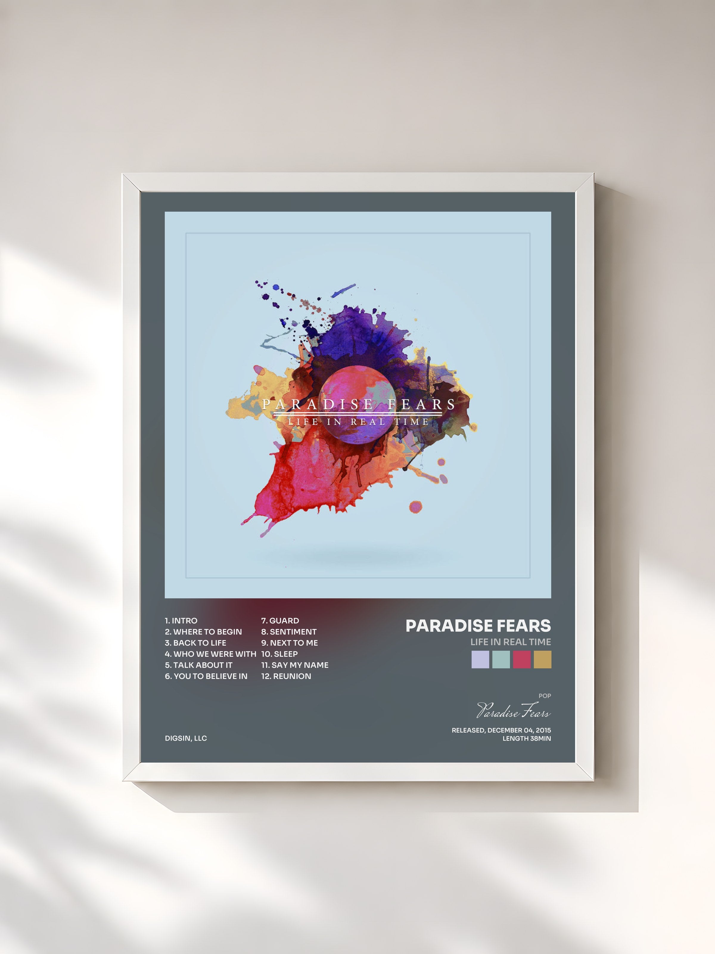 #blanc Tableau de l'album Life In Real Time de Paradise Fears, cadre blanc, imprimé et encadré en France