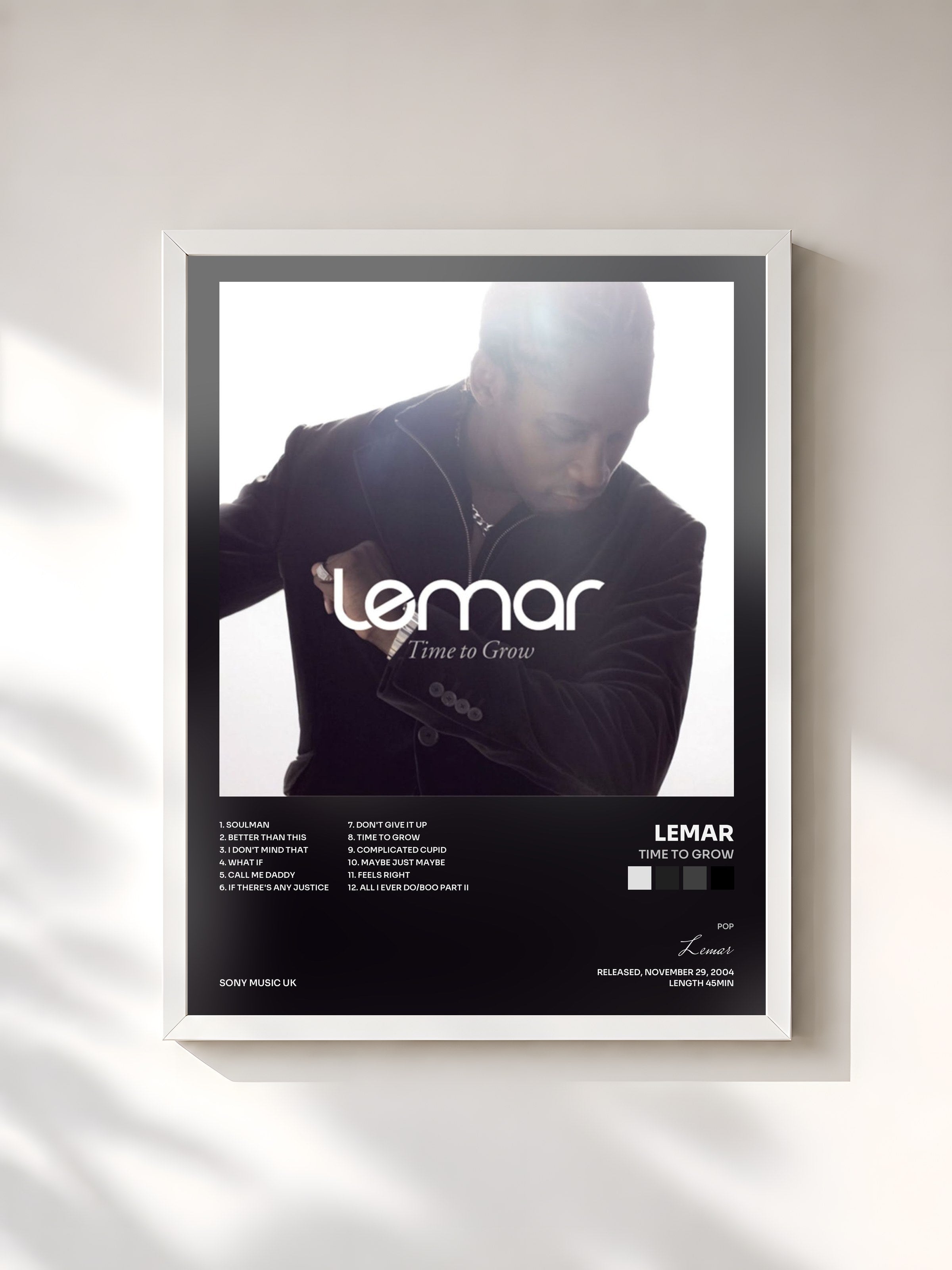 #blanc Tableau de l'album Time To Grow de Lemar, cadre blanc, imprimé et encadré en France