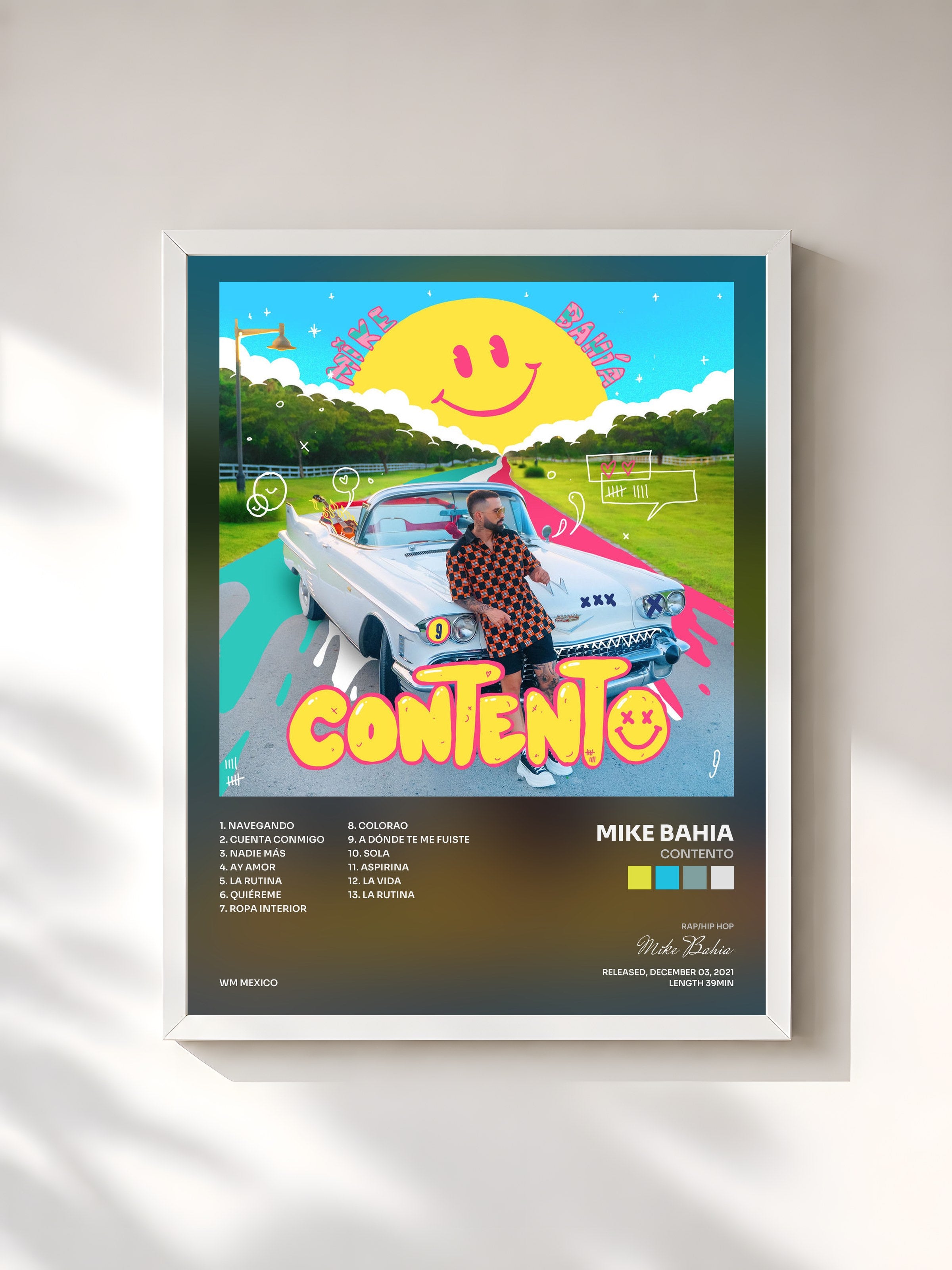 #blanc Tableau de l'album Contento de Mike Bahia, cadre blanc, imprimé et encadré en France