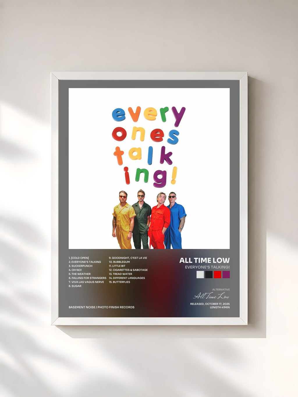 #blanc Tableau de l'album Everyone's Talking! de All Time Low, cadre blanc, imprimé et encadré en France