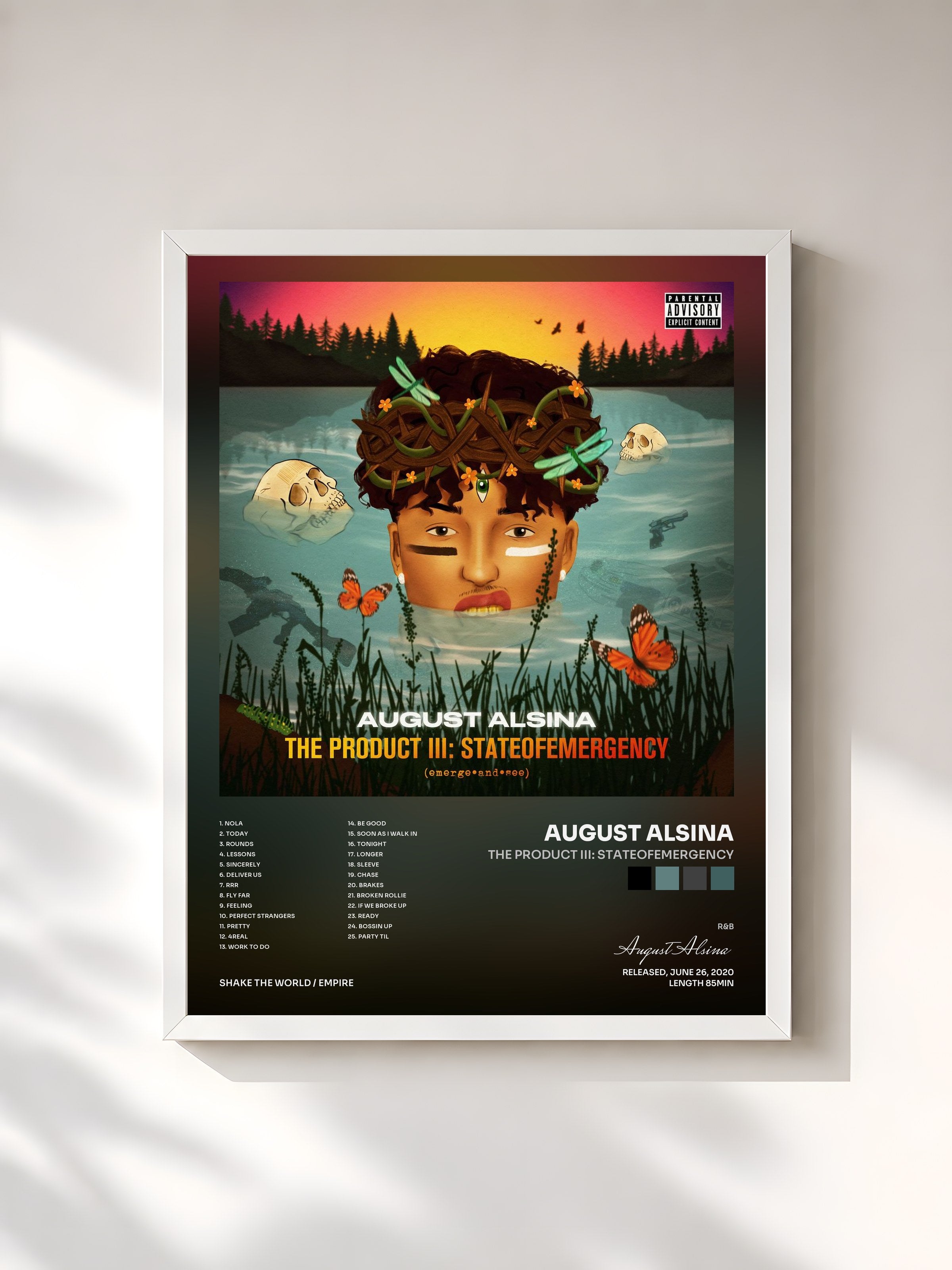 #blanc Tableau de l'album The Product III: stateofEMERGEncy de August Alsina, cadre blanc, imprimé et encadré en France